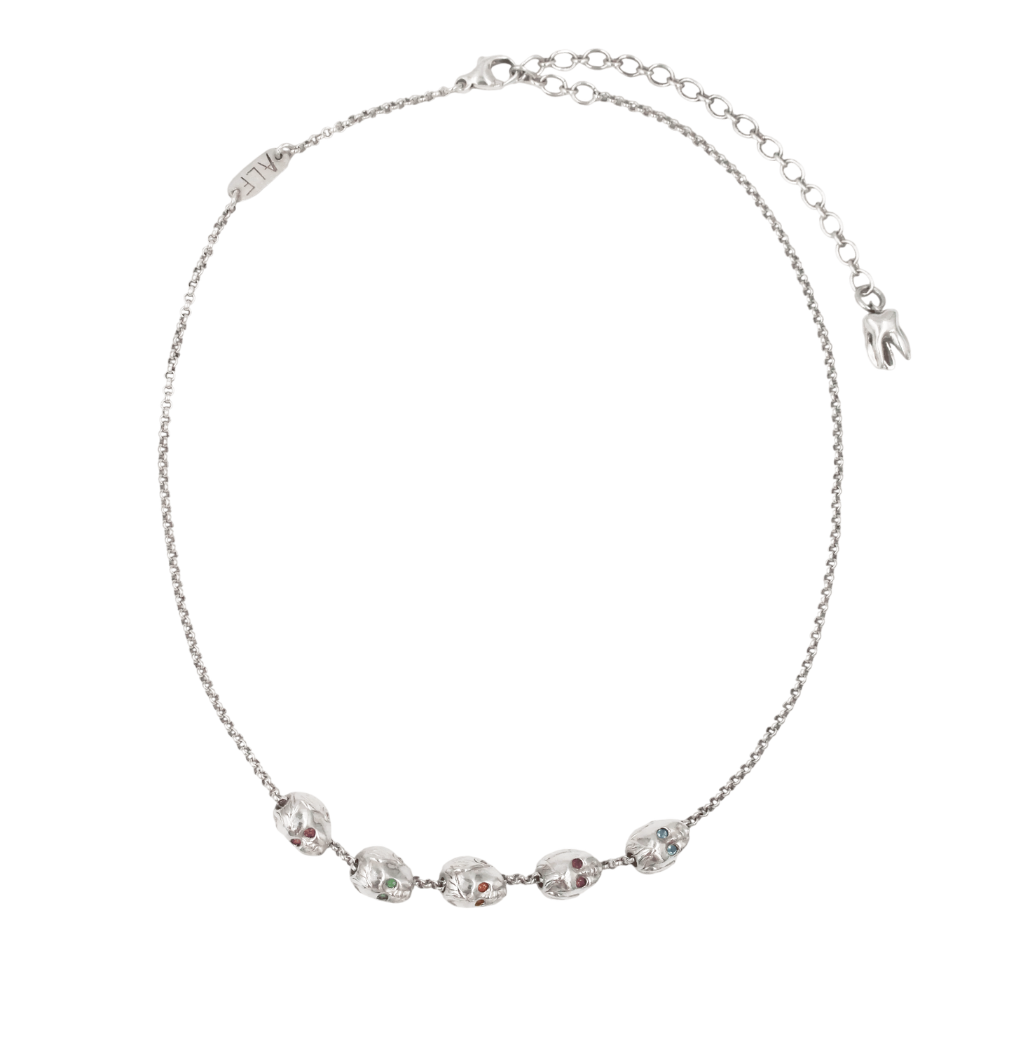 ALF Jewelry baby heads necklace in 925 sterling silver, baby heads as beads going through a chain with green tsavorite, aquamarine, citrine and pink tourmaline stones. artisanal luxury piece, handmade Paris, fine chain in 925 sterling silver