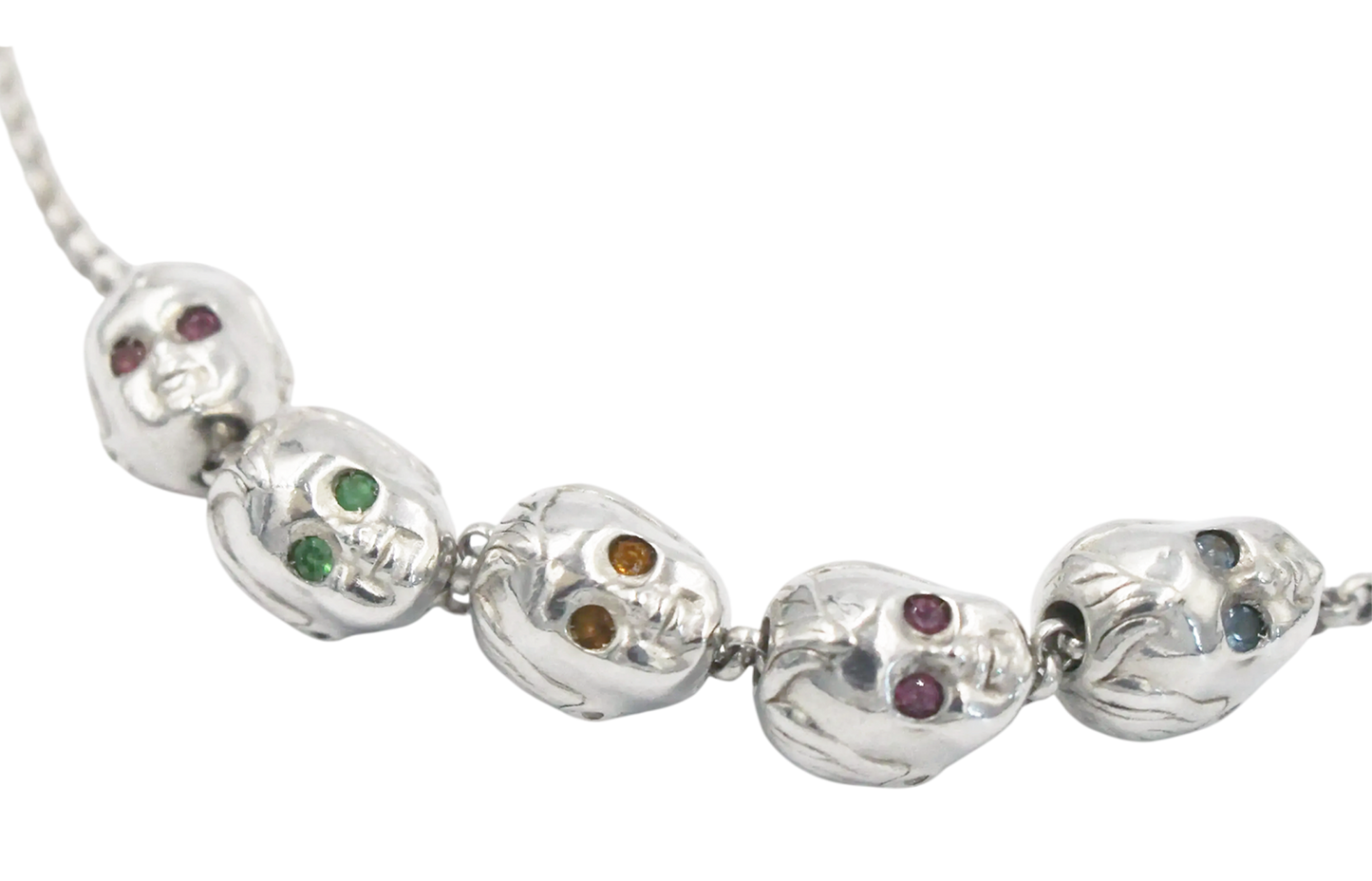 ALF Jewelry baby heads necklace in 925 sterling silver, baby heads as beads going through a chain with green tsavorite, aquamarine, citrine and pink tourmaline stones. artisanal luxury piece, handmade Paris, fine chain in 925 sterling silver
