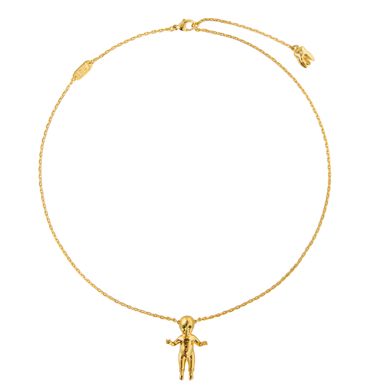 ALF Jewelry Baby Necklace in 18ct gold vermeil with tsavorite eyes and diamond detail, artisanal luxury piece.