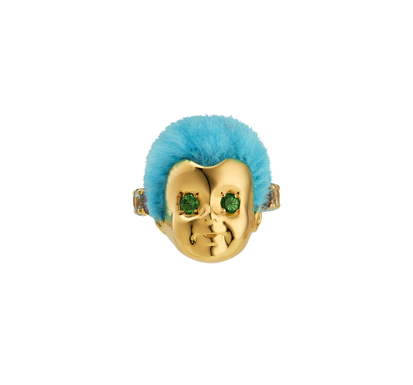 Luxury Baby Ring by ALF Jewelry in gold vermeil and sterling silver, blue recycled fur, tsavorite eyes, size 51.