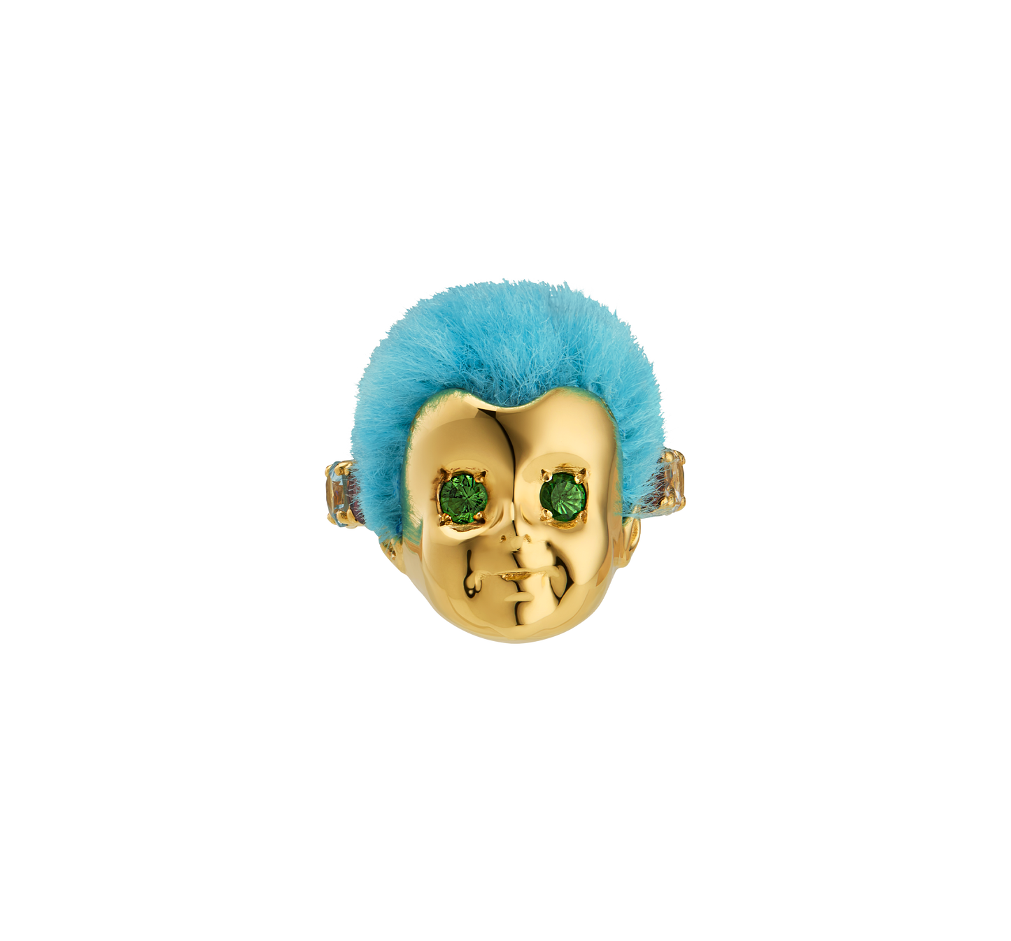 Luxury Baby Ring by ALF Jewelry in gold vermeil and sterling silver, blue recycled fur, tsavorite eyes, size 51.