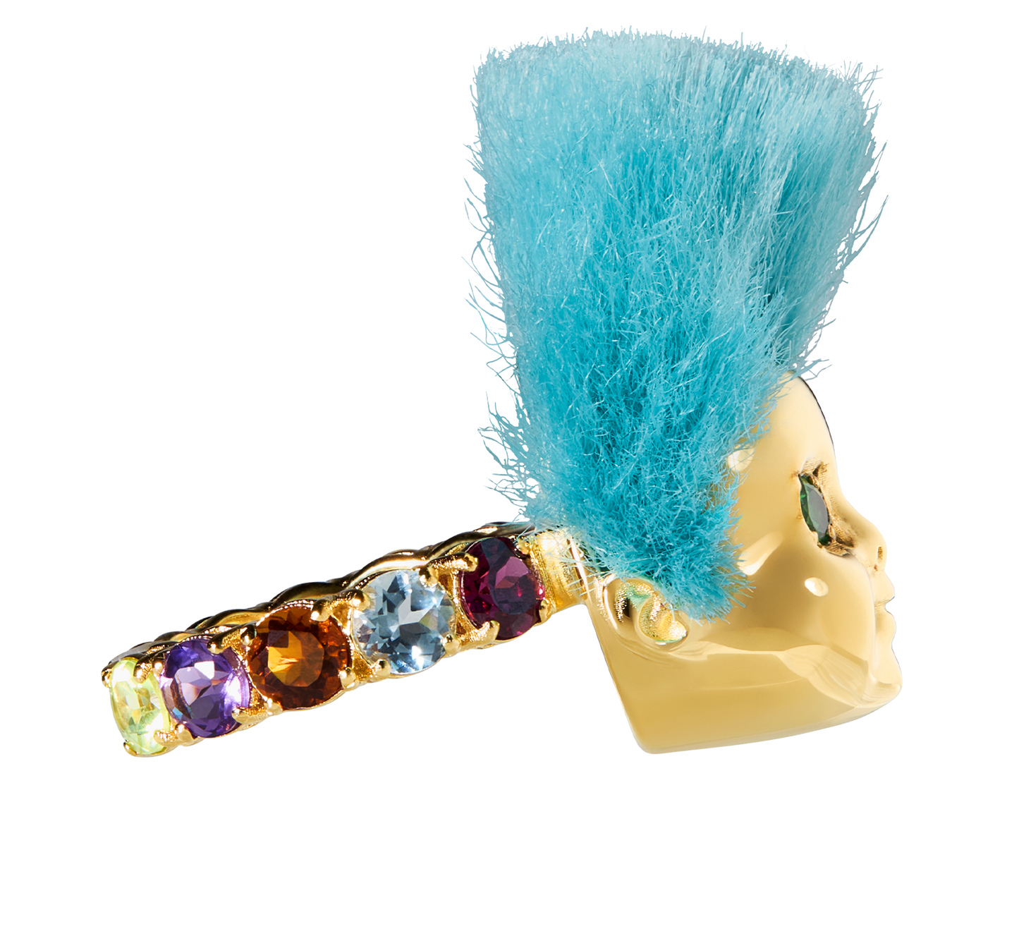 ALF Jewelry Baby Ring in 18ct gold vermeil with green tsavorite eyes, recycled blue fur, size 52.