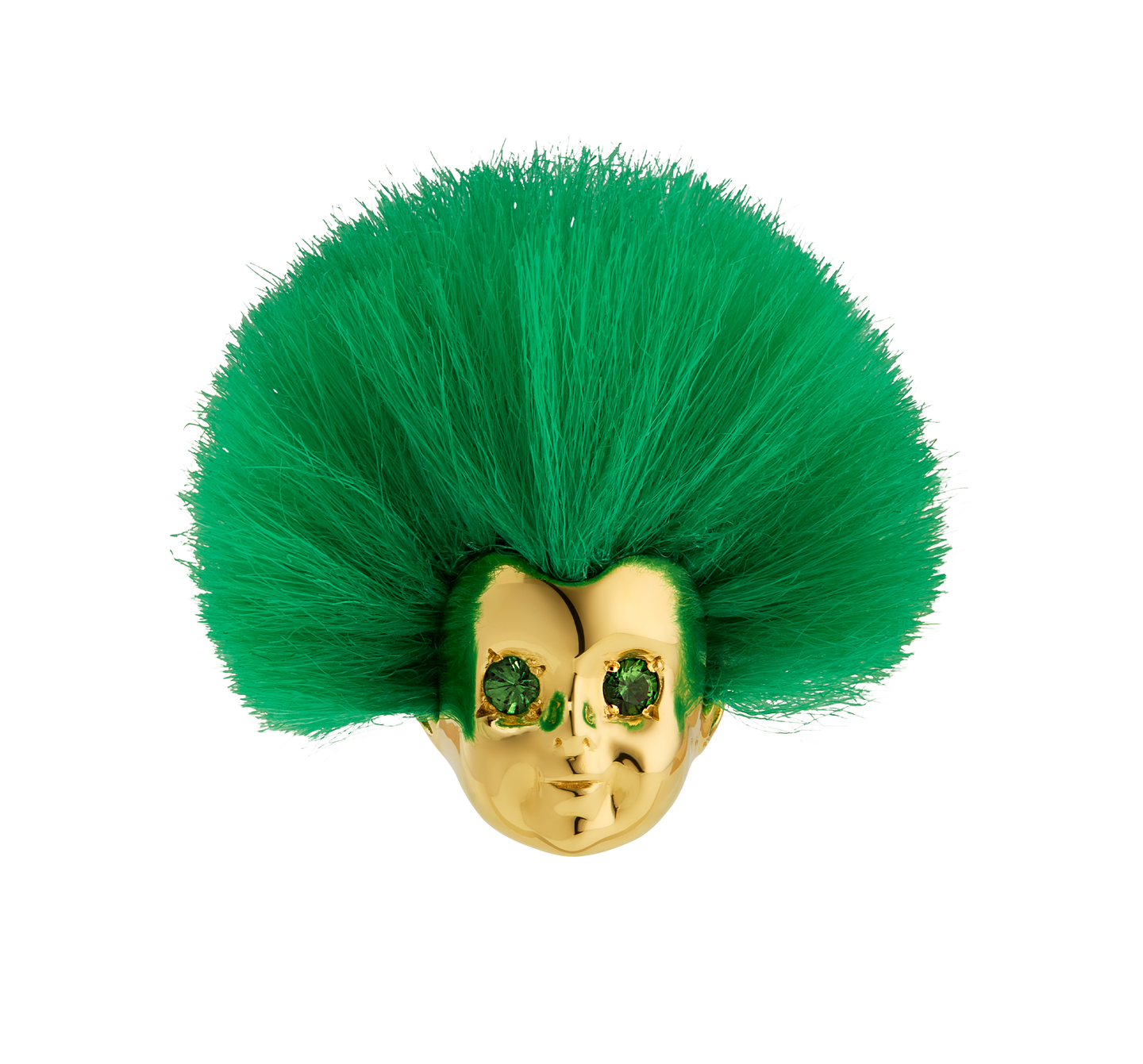 Handcrafted ALF Jewelry Baby Ring in 18ct gold vermeil with green tsavorite eyes and recycled green fur, size 62.