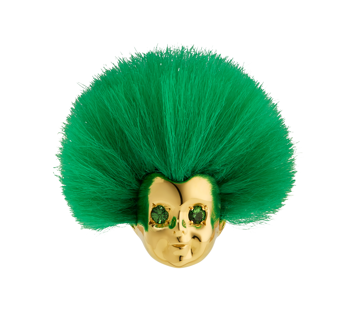 Handcrafted ALF Jewelry Baby Ring in 18ct gold vermeil with green tsavorite eyes and recycled green fur, size 62.