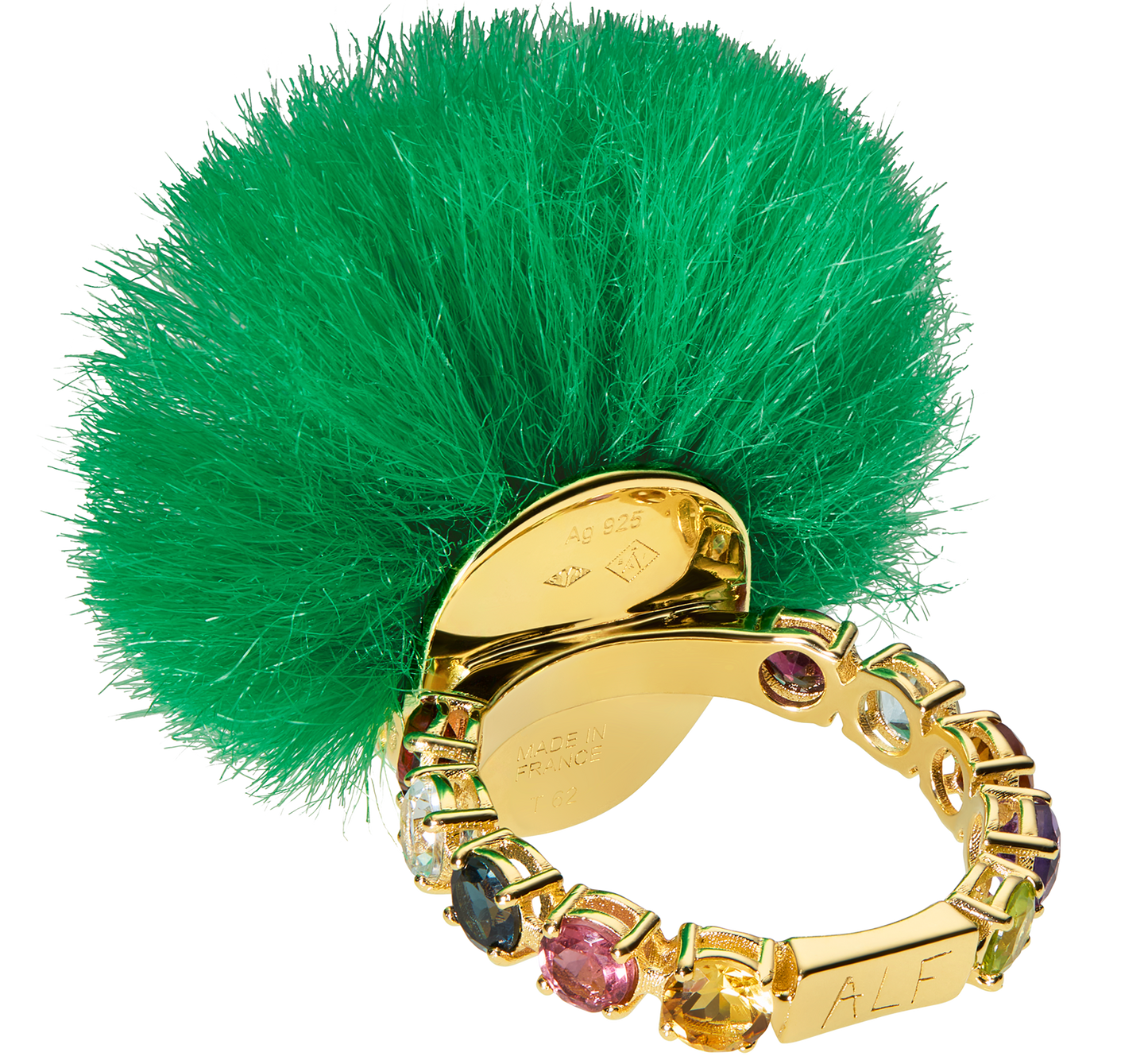 Handcrafted ALF Jewelry Baby Ring in 18ct gold vermeil with green tsavorite eyes and recycled green fur, size 62.