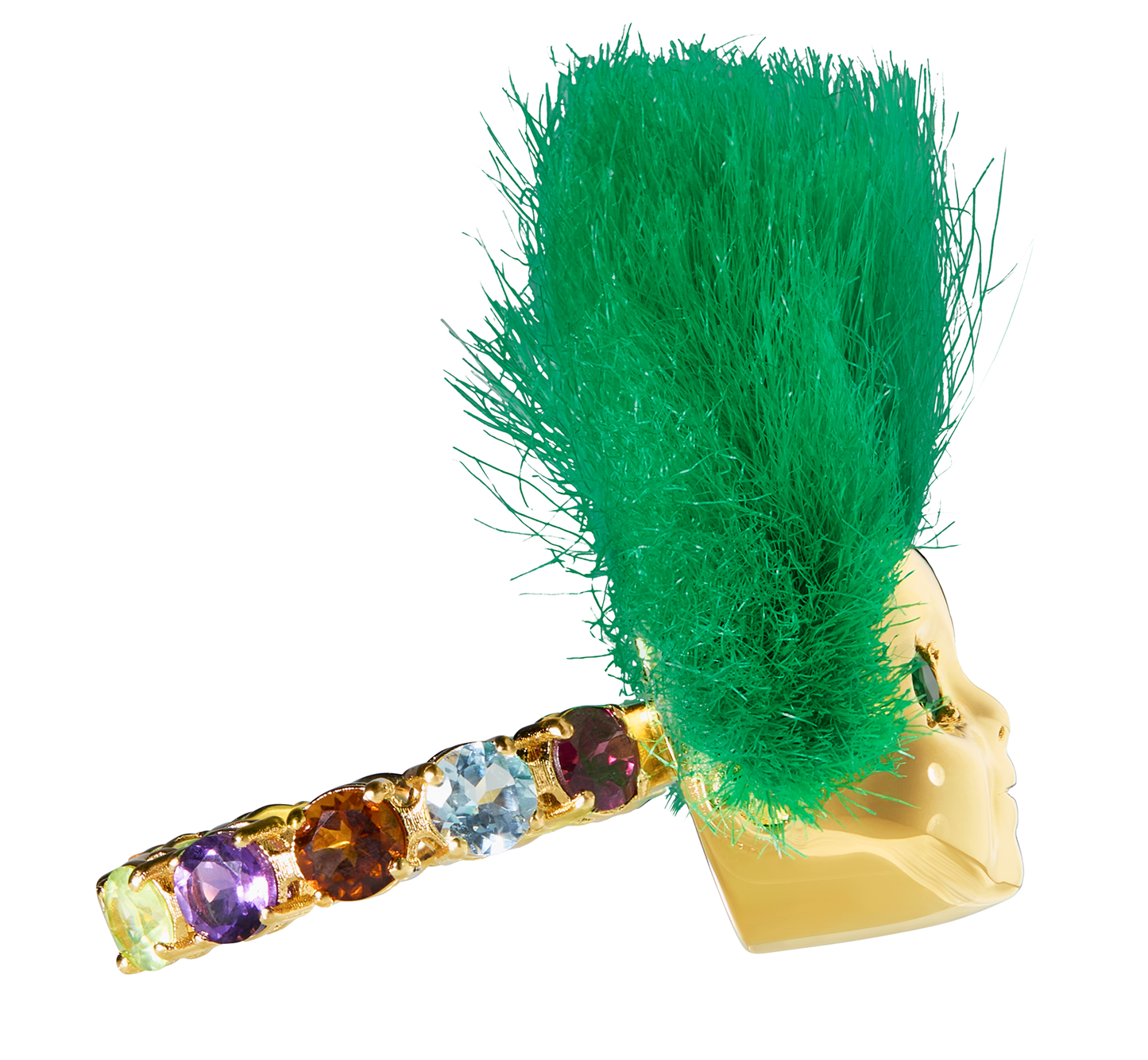 Handcrafted ALF Jewelry Baby Ring in 18ct gold vermeil with green tsavorite eyes and recycled green fur, size 62.