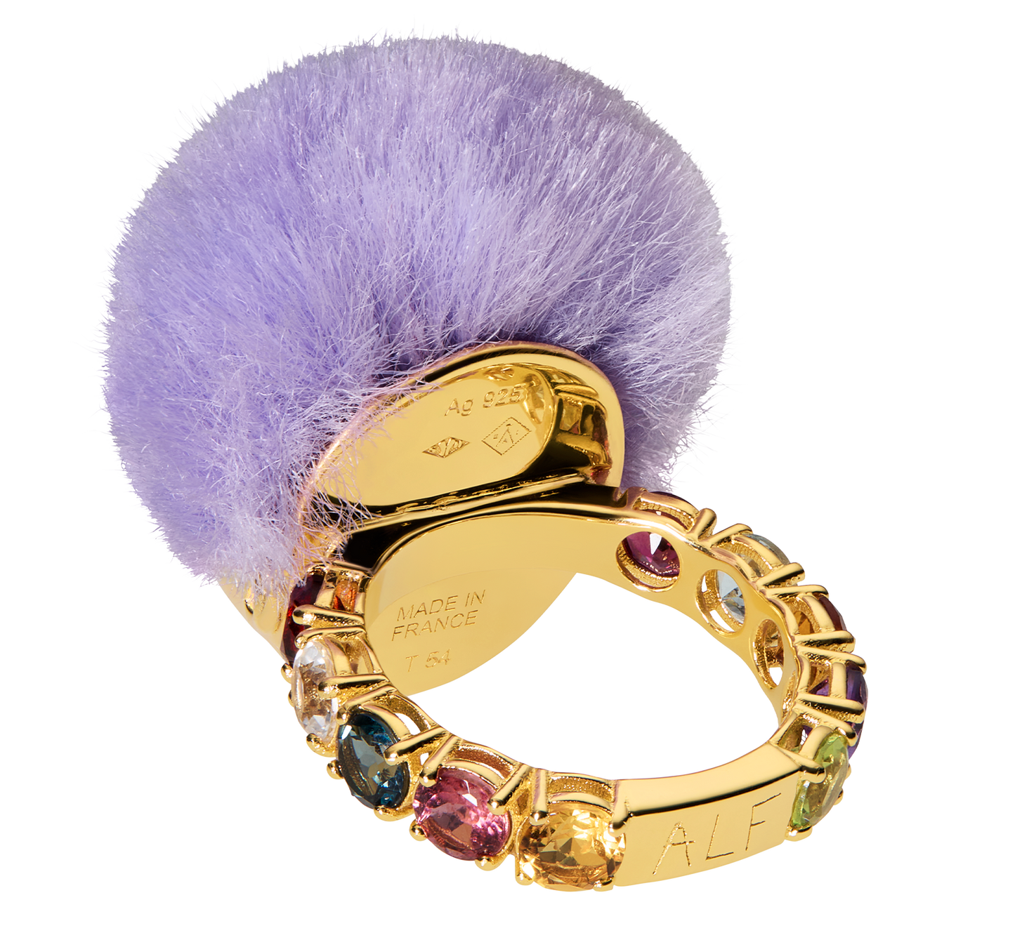 Luxury Baby Ring by ALF Jewelry in gold vermeil and sterling silver, purple recycled fur, tsavorite eyes, size 54.