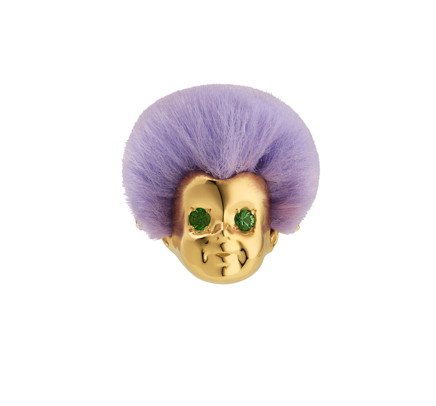 Luxury Baby Ring by ALF Jewelry in gold vermeil and sterling silver, purple recycled fur, tsavorite eyes, size 54.