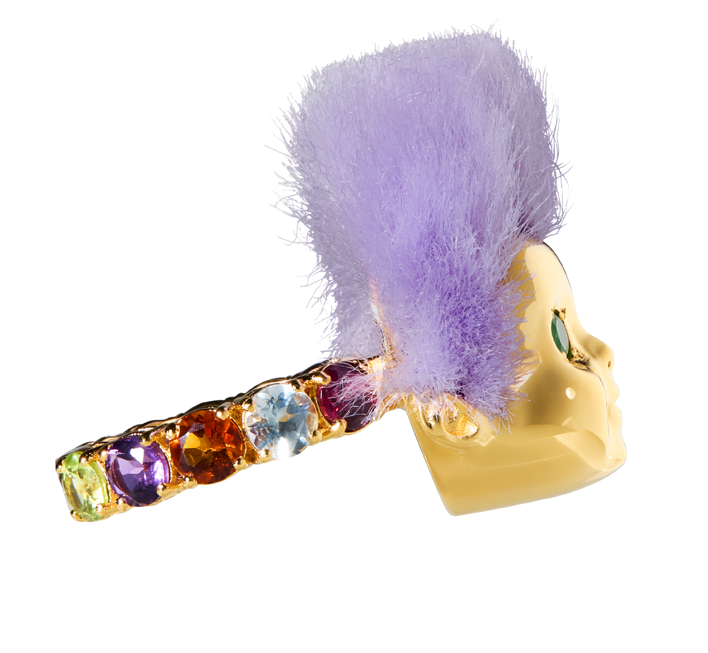 Luxury Baby Ring by ALF Jewelry in gold vermeil and sterling silver, purple recycled fur, tsavorite eyes, size 54.