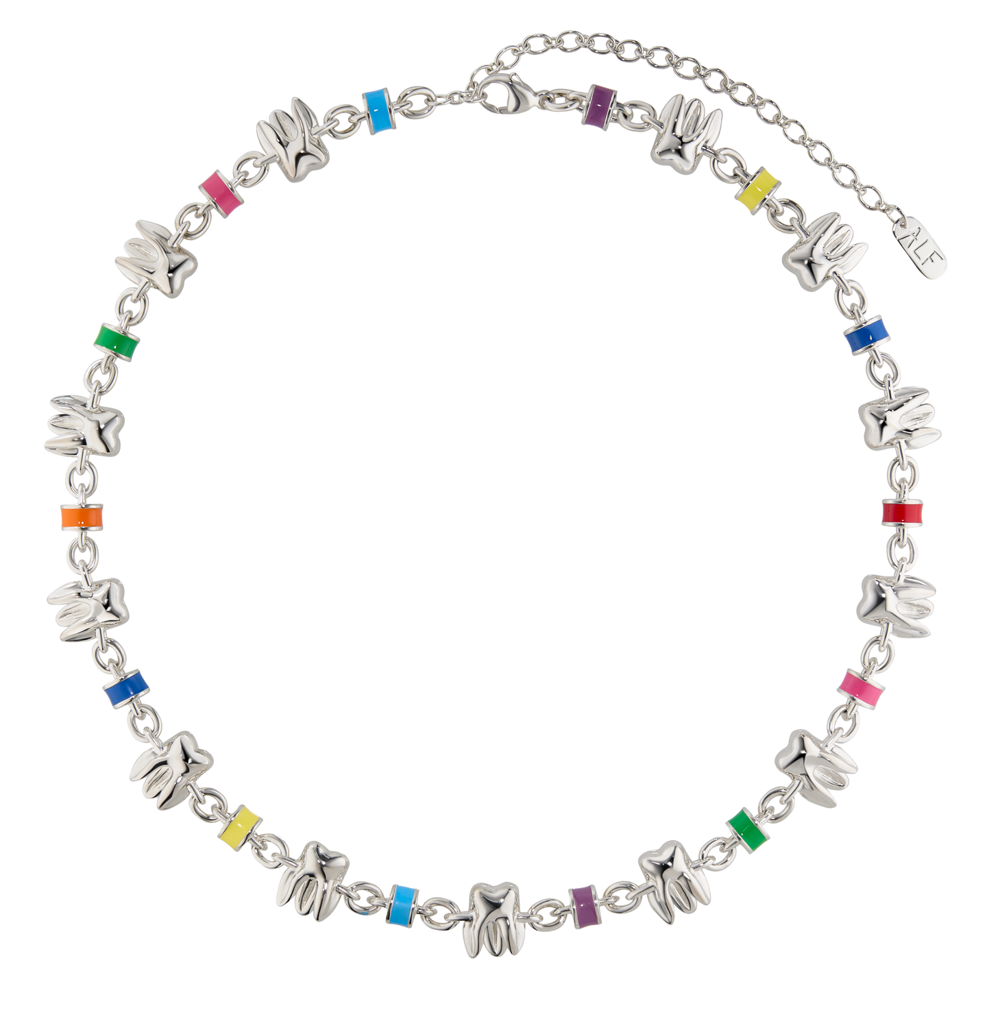 Handcrafted ALF Jewelry Molar Necklace in sterling silver 925 with multicolor enamel details, designer necklace.