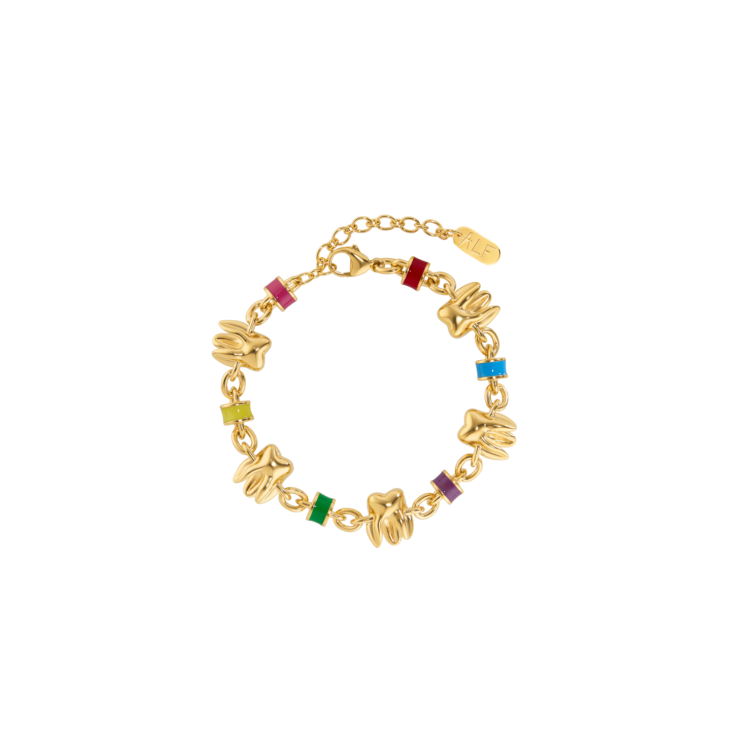 ALF Jewelry Molar Bracelet in 18ct gold vermeil with colorful enamel accents, handcrafted luxury bracelet.