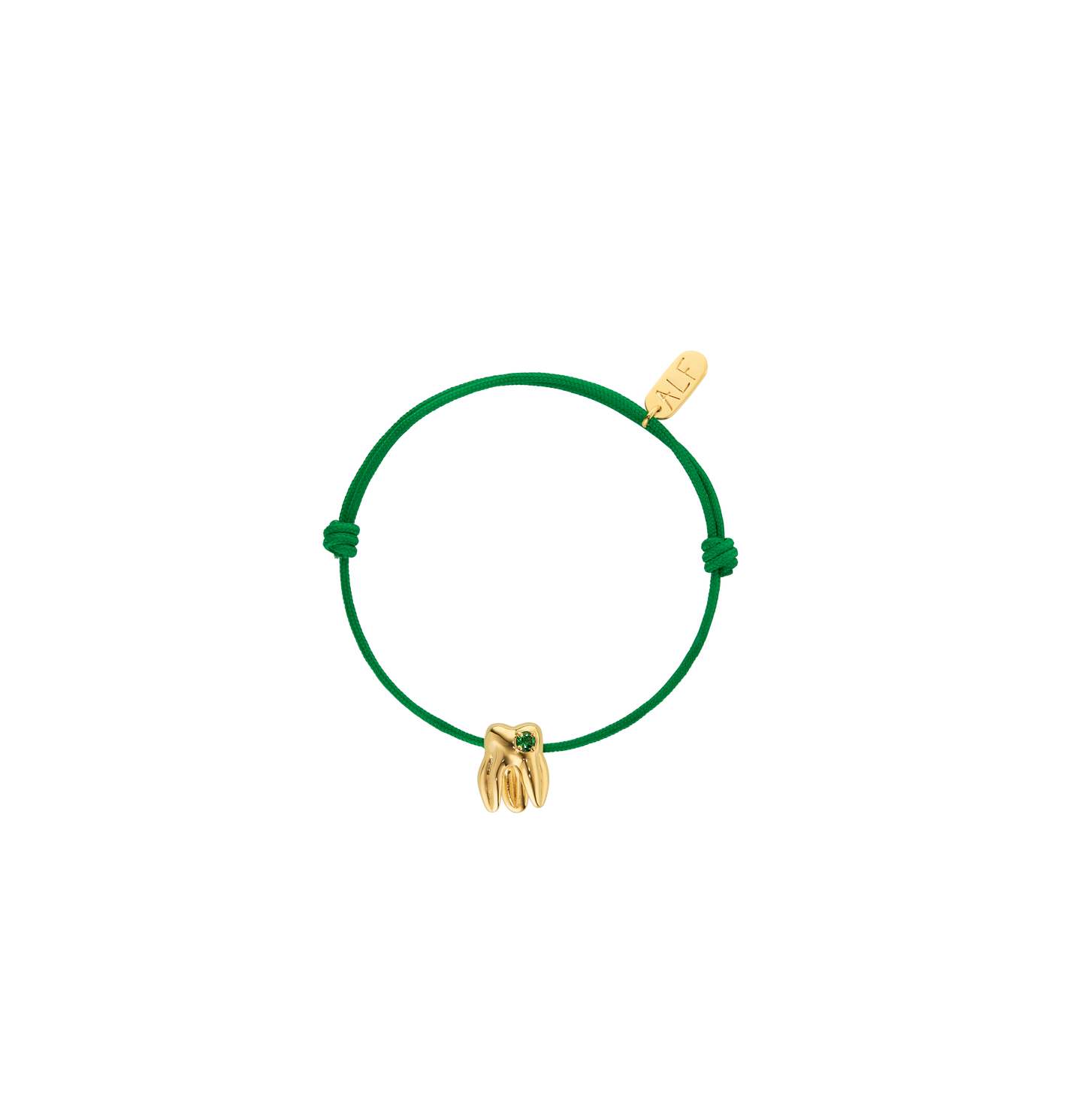 Handcrafted ALF Jewelry Molar Cord Bracelet in gold vermeil with green tsavorite and adjustable cotton cord.