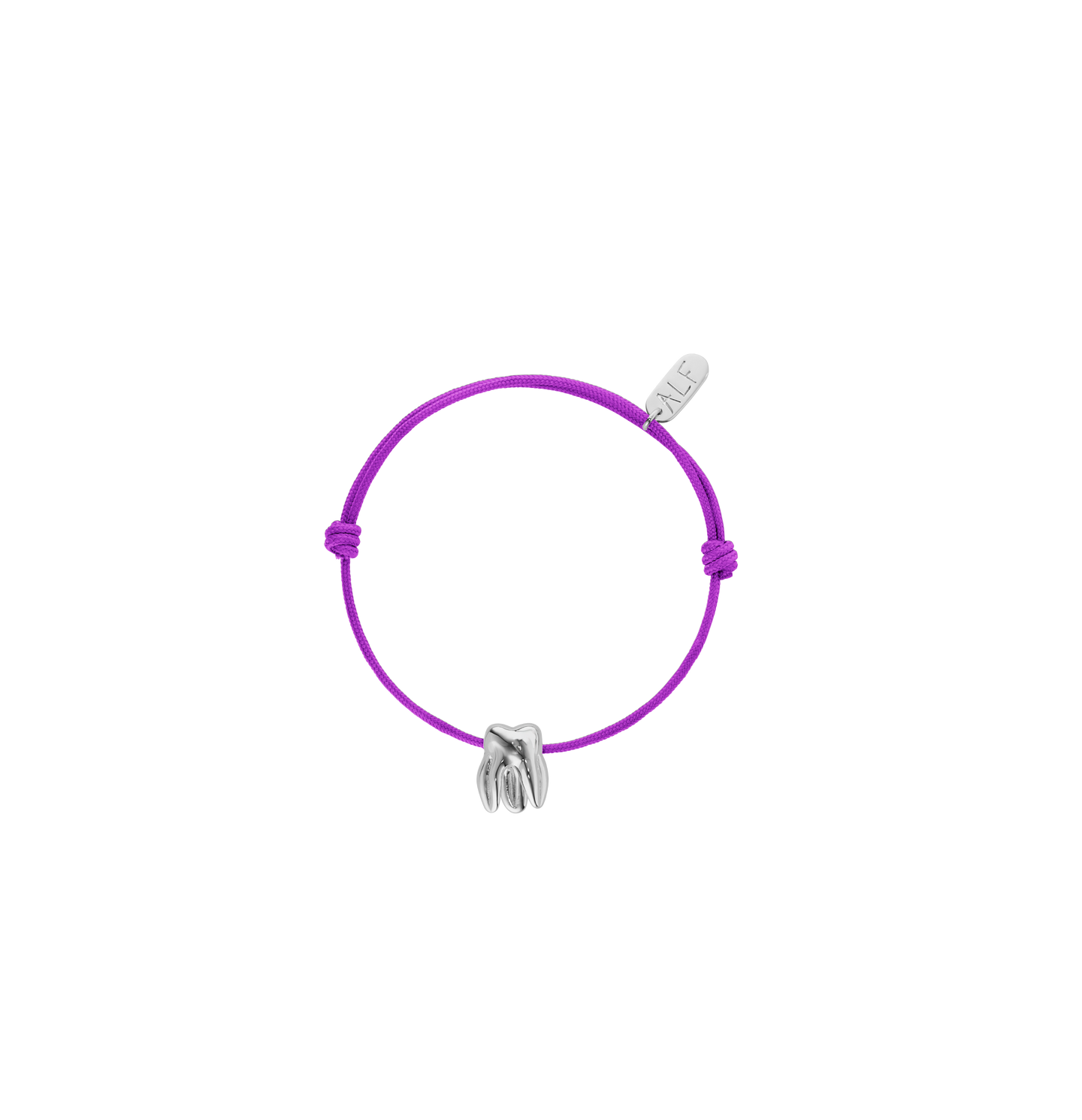Handcrafted ALF Jewelry Molar Cord Bracelet in 925 sterling silver and adjustable purple nylon cord.