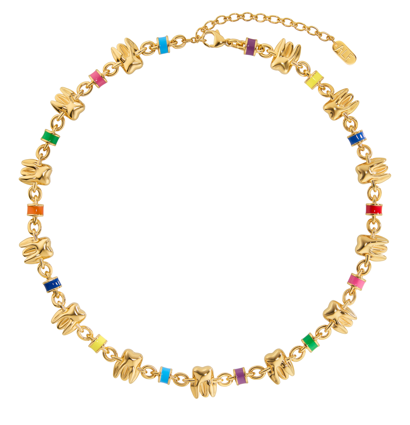 ALF Jewelry Molar Necklace in 18ct gold vermeil with colorful enamel accents, handcrafted luxury design.