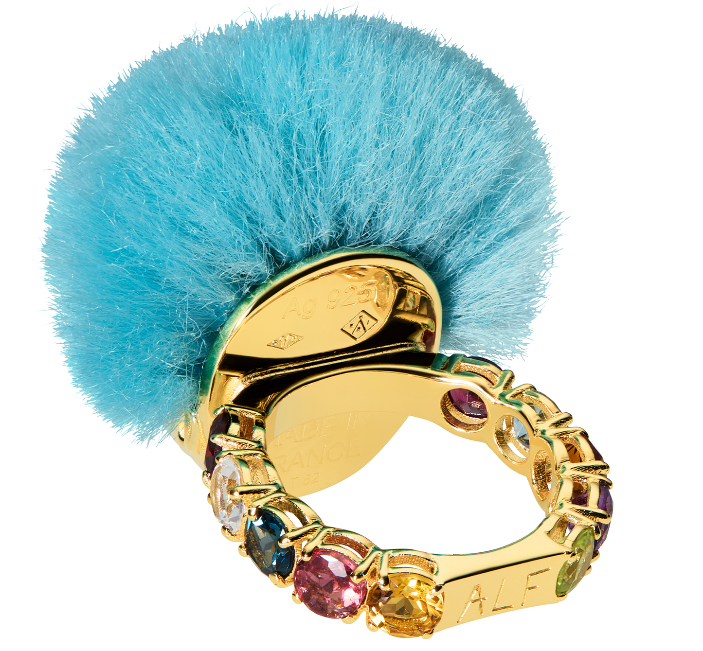 ALF Jewelry Baby Ring in 18ct gold vermeil with green tsavorite eyes, recycled blue fur, size 52.