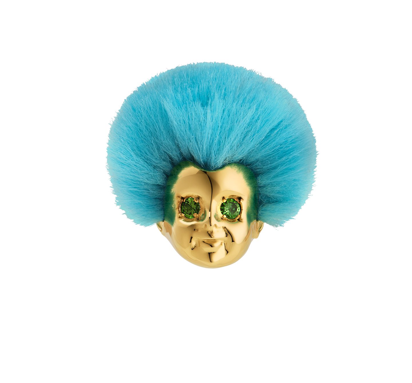 ALF Jewelry Baby Ring in 18ct gold vermeil with green tsavorite eyes, recycled blue fur, size 52.