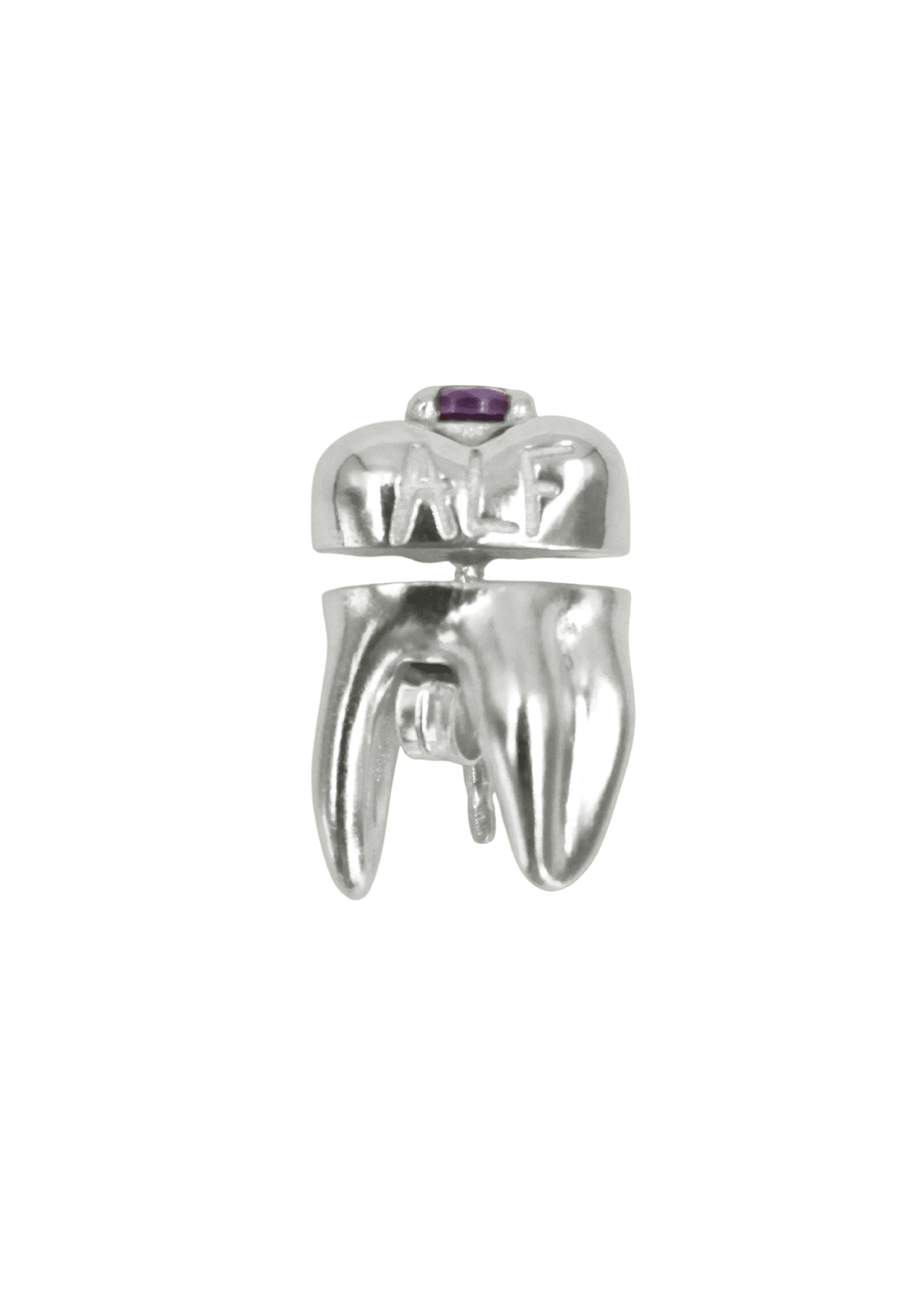 ALF Jewelry double sided Molar tooth earring in 925 sterling silver and a purple amethyst stone, artisanal luxury piece, handmade Paris