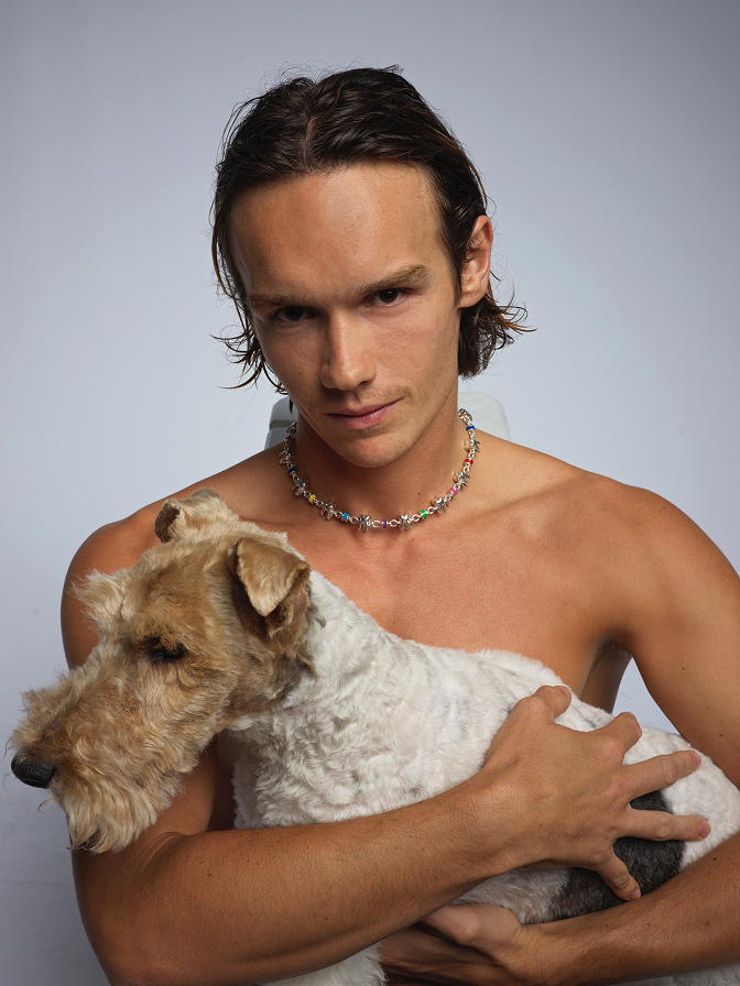 Male model wearing ALF Jewelry necklace in sterling silver and colorful enamel, handcrafted designer piece from ALF Jewelry Paris.