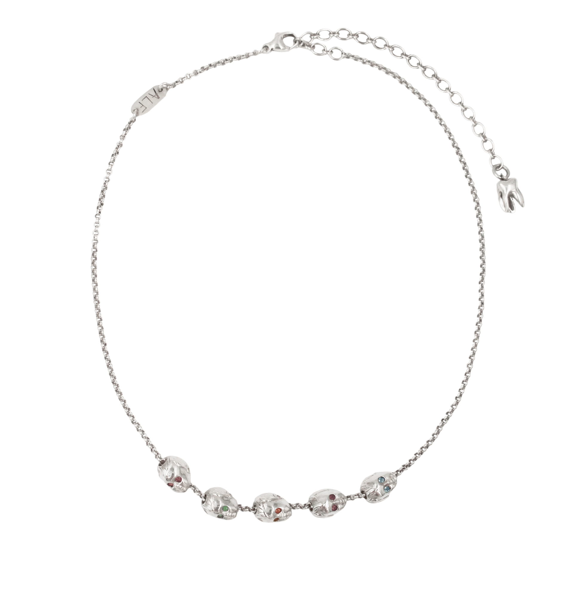 ALF Jewelry baby heads necklace in 925 sterling silver, baby heads as beads going through a chain with green tsavorite, aquamarine, citrine and pink tourmaline stones. artisanal luxury piece, handmade Paris, fine chain in 925 sterling silver