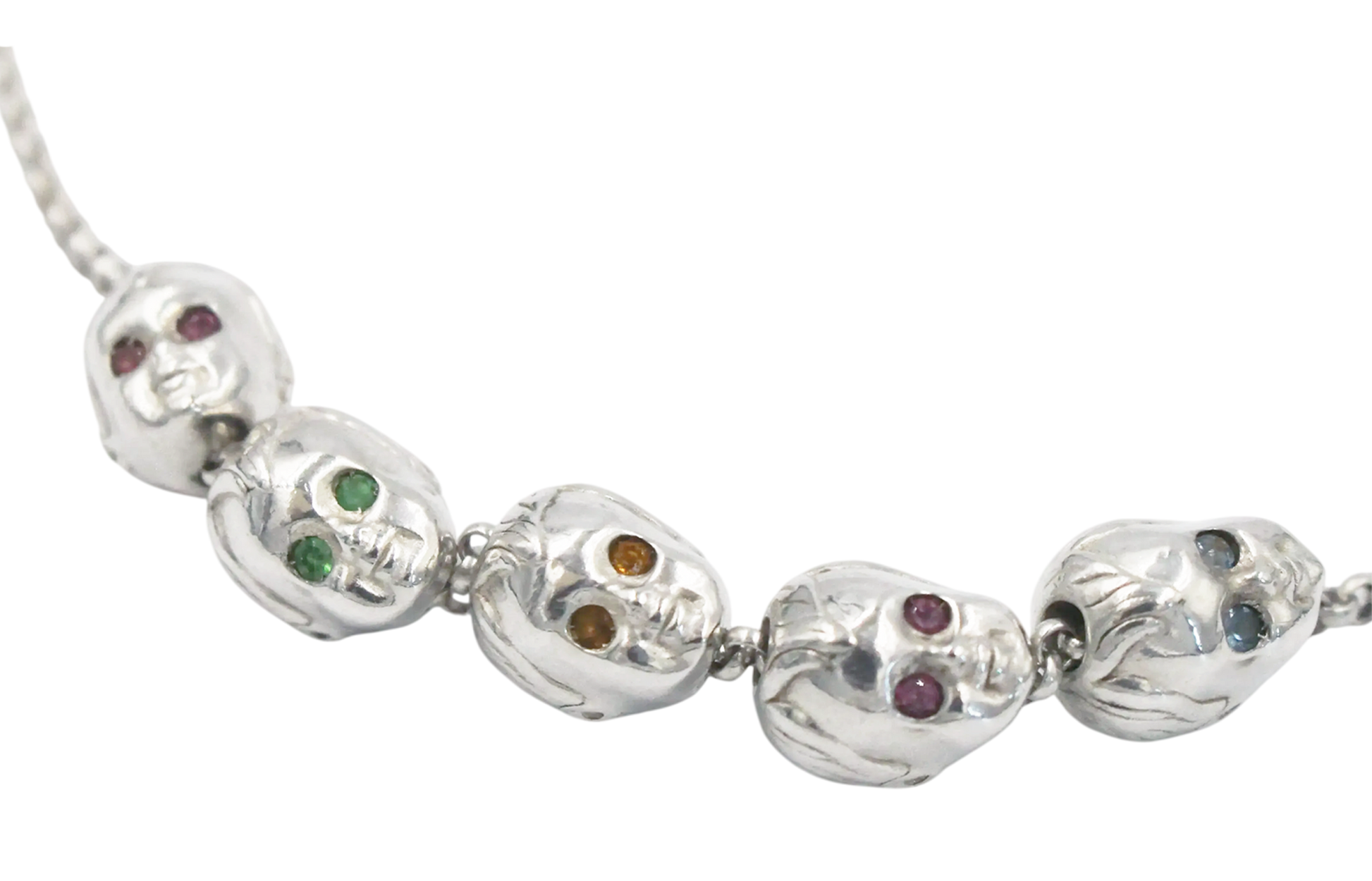 ALF Jewelry baby heads necklace in 925 sterling silver, baby heads as beads going through a chain with green tsavorite, aquamarine, citrine and pink tourmaline stones. artisanal luxury piece, handmade Paris, fine chain in 925 sterling silver