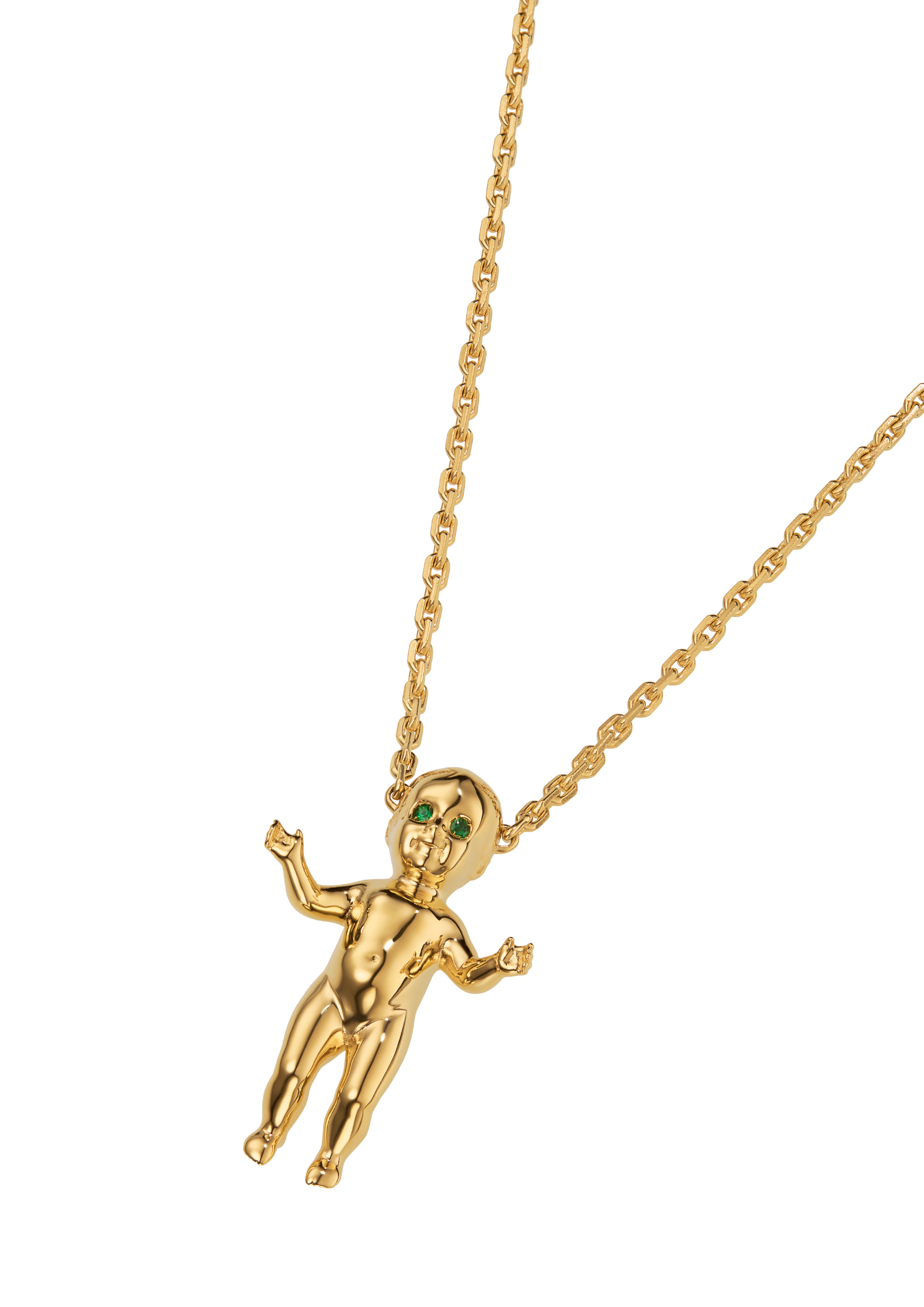 ALF Jewelry Baby Necklace in 18ct gold vermeil with tsavorite eyes and diamond detail, artisanal luxury piece.