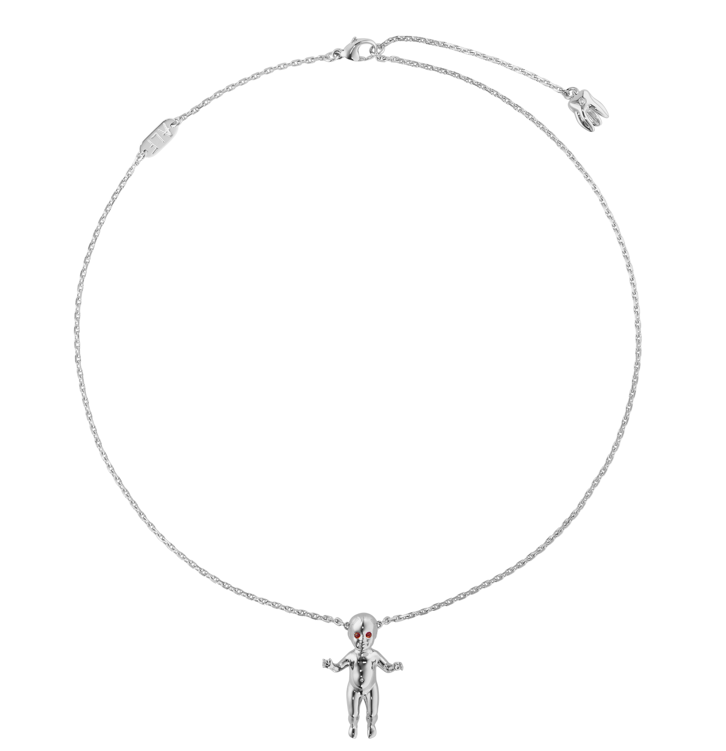 ALF Jewelry Baby Necklace in 925 sterling silver with ruby eyes and diamond detail, artisanal luxury piece.