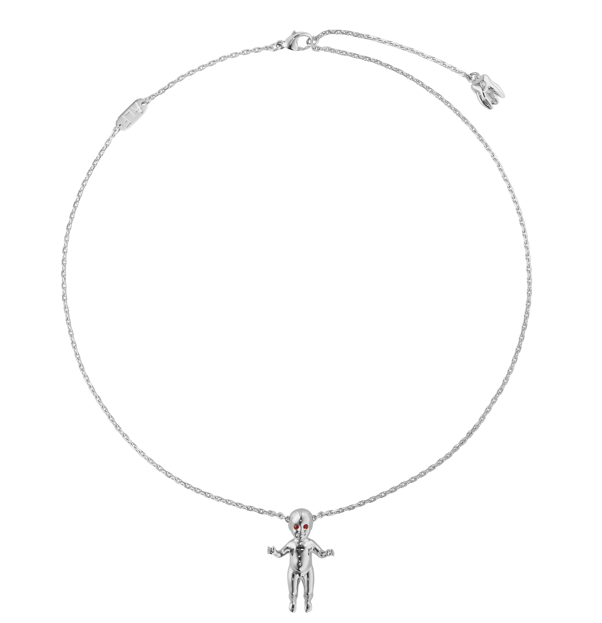 ALF Jewelry Baby Necklace in 925 sterling silver with ruby eyes and diamond detail, artisanal luxury piece.