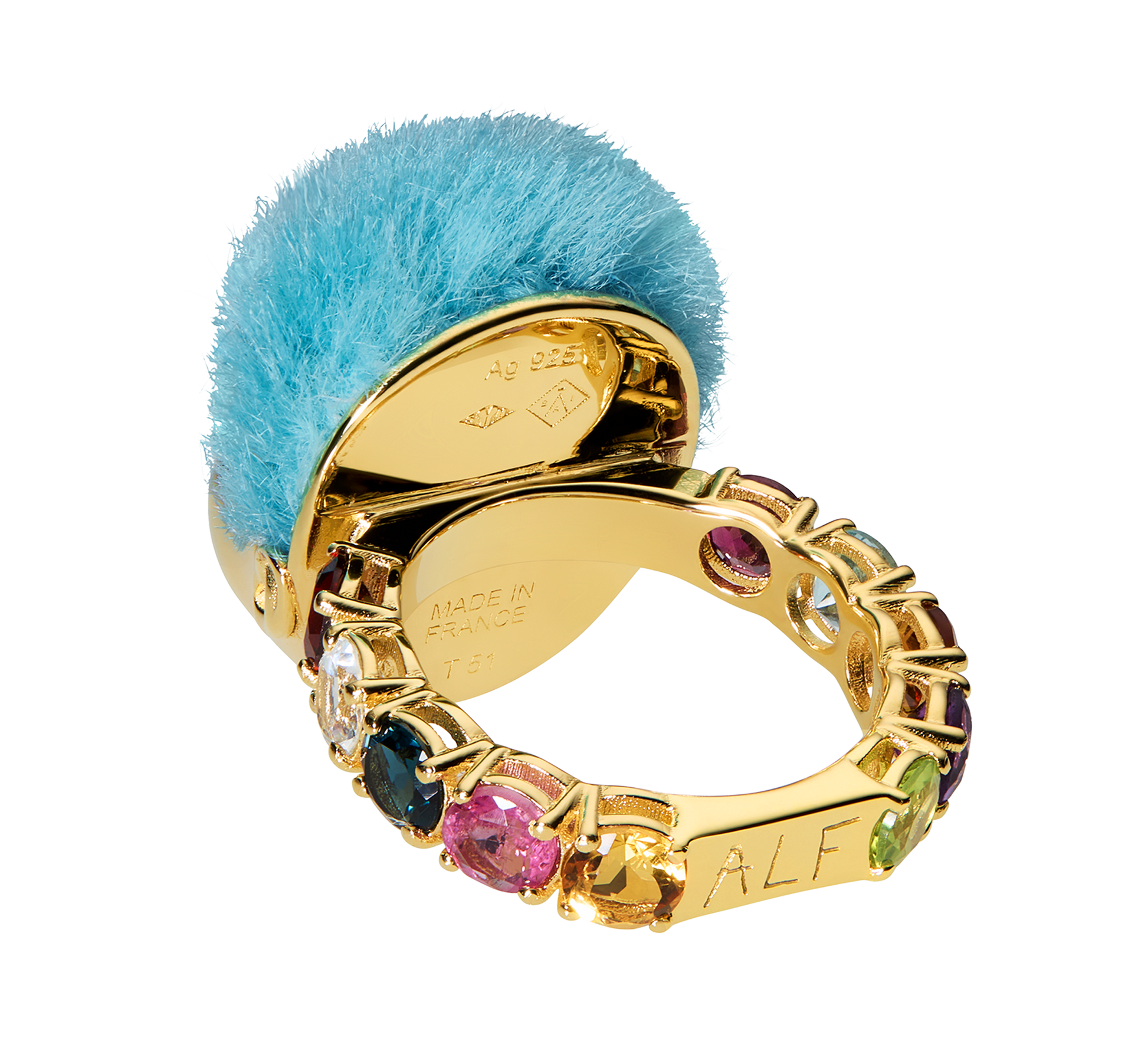 Luxury Baby Ring by ALF Jewelry in gold vermeil and sterling silver, blue recycled fur, tsavorite eyes, size 51.