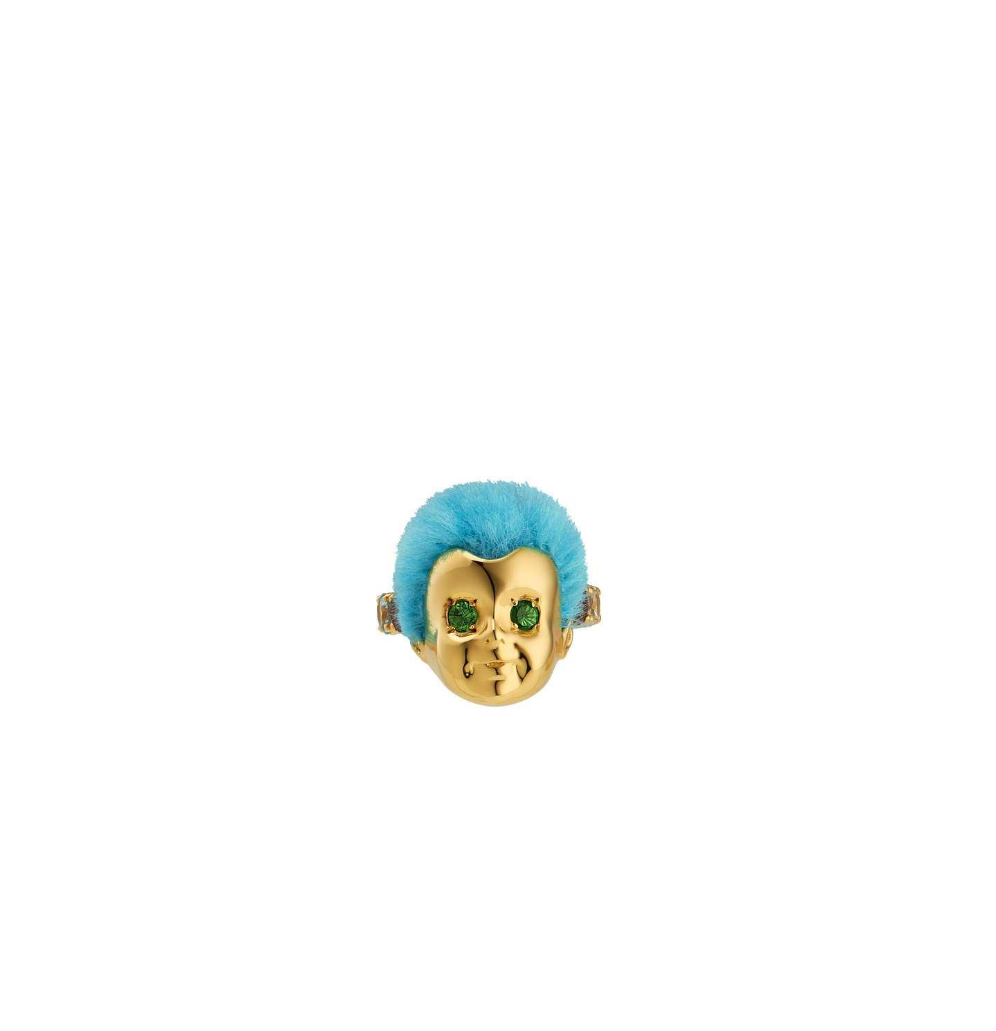 Luxury Baby Ring by ALF Jewelry in gold vermeil and sterling silver, blue recycled fur, tsavorite eyes, size 51.