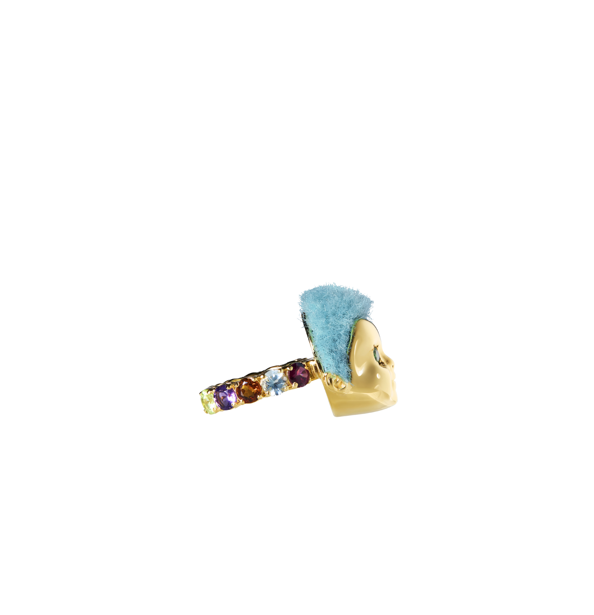 Luxury Baby Ring by ALF Jewelry in gold vermeil and sterling silver, blue recycled fur, tsavorite eyes, size 51.
