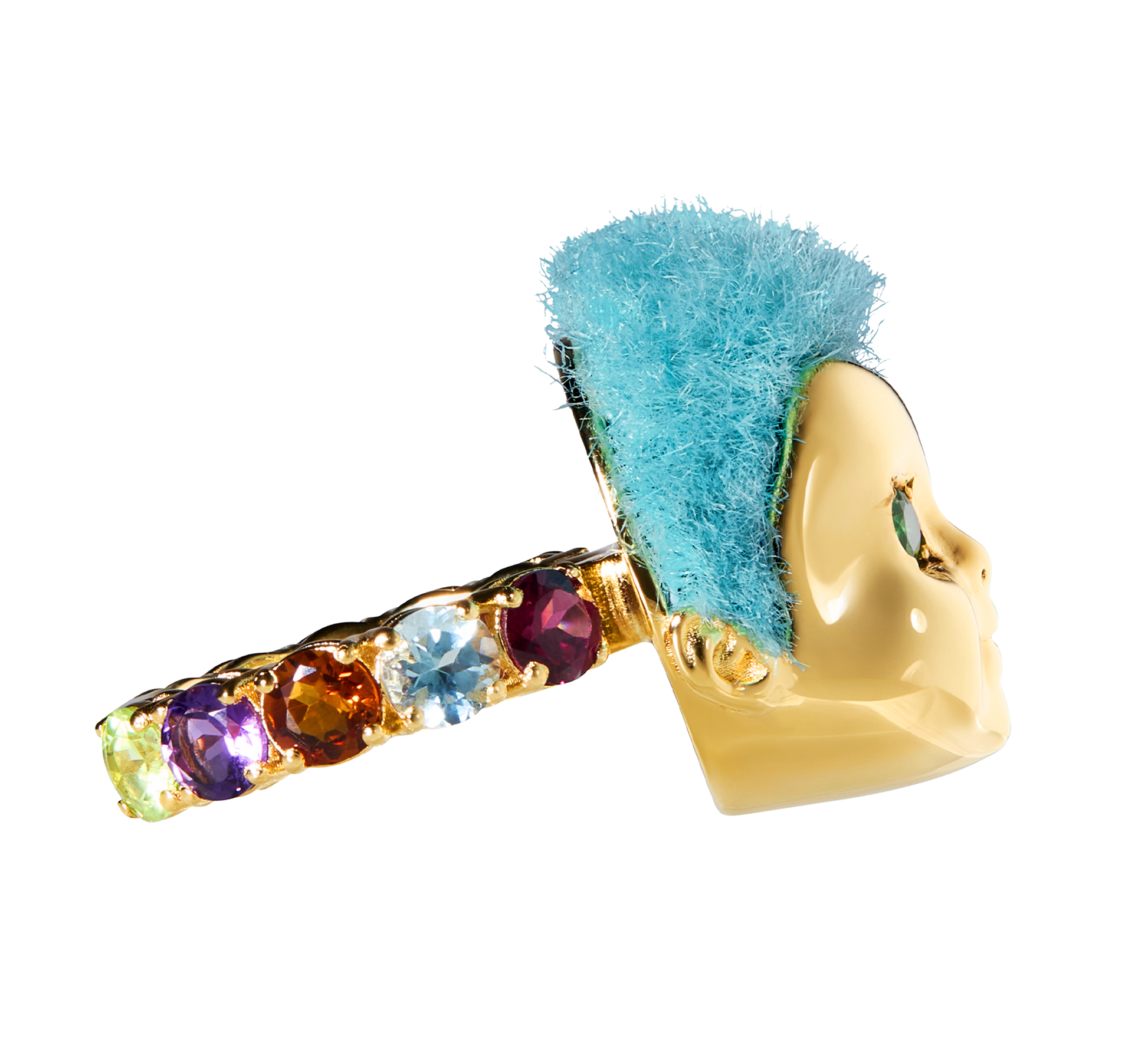 Luxury Baby Ring by ALF Jewelry in gold vermeil and sterling silver, blue recycled fur, tsavorite eyes, size 51.