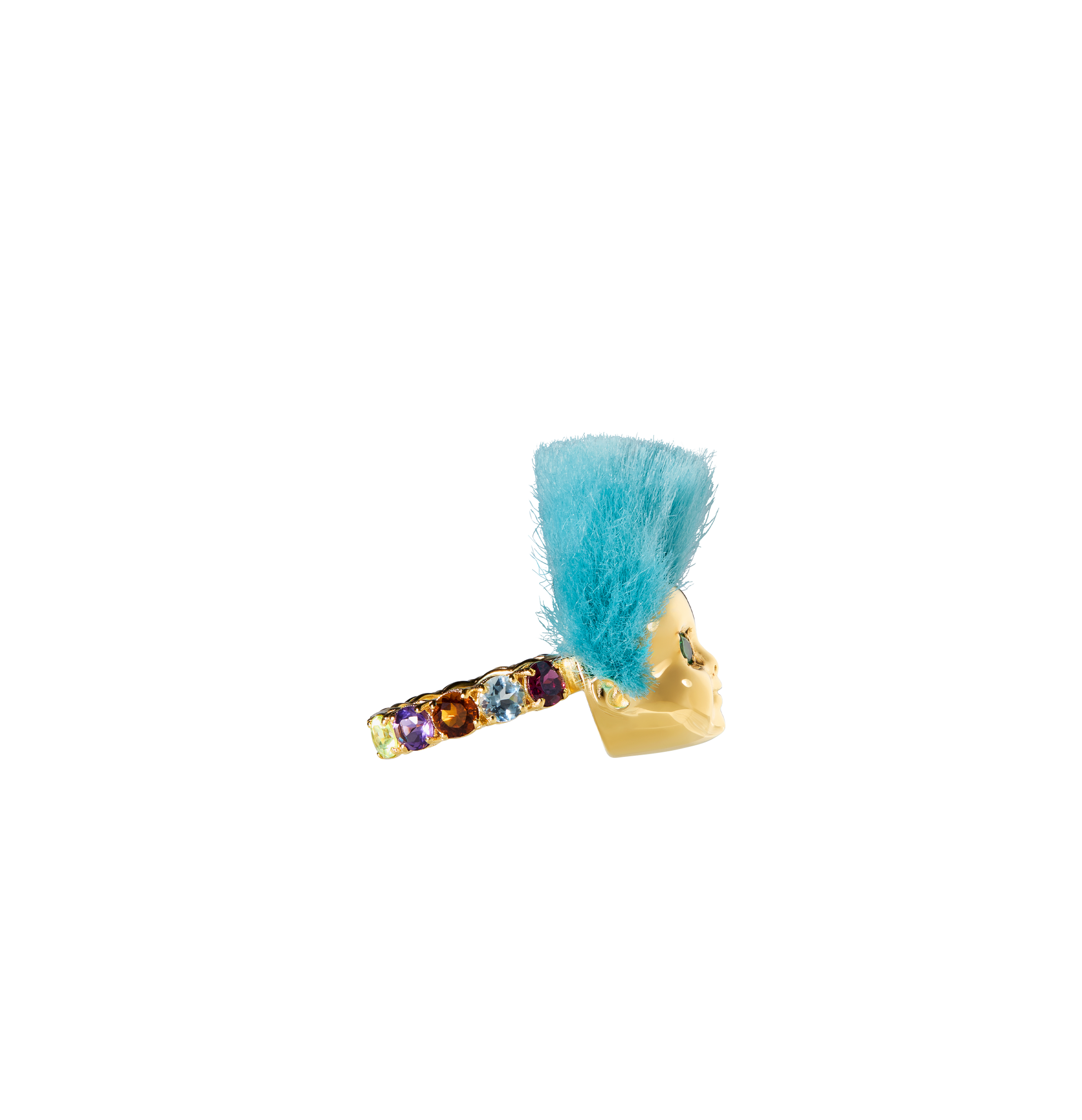 ALF Jewelry Baby Ring in 18ct gold vermeil with green tsavorite eyes, recycled blue fur, size 52.