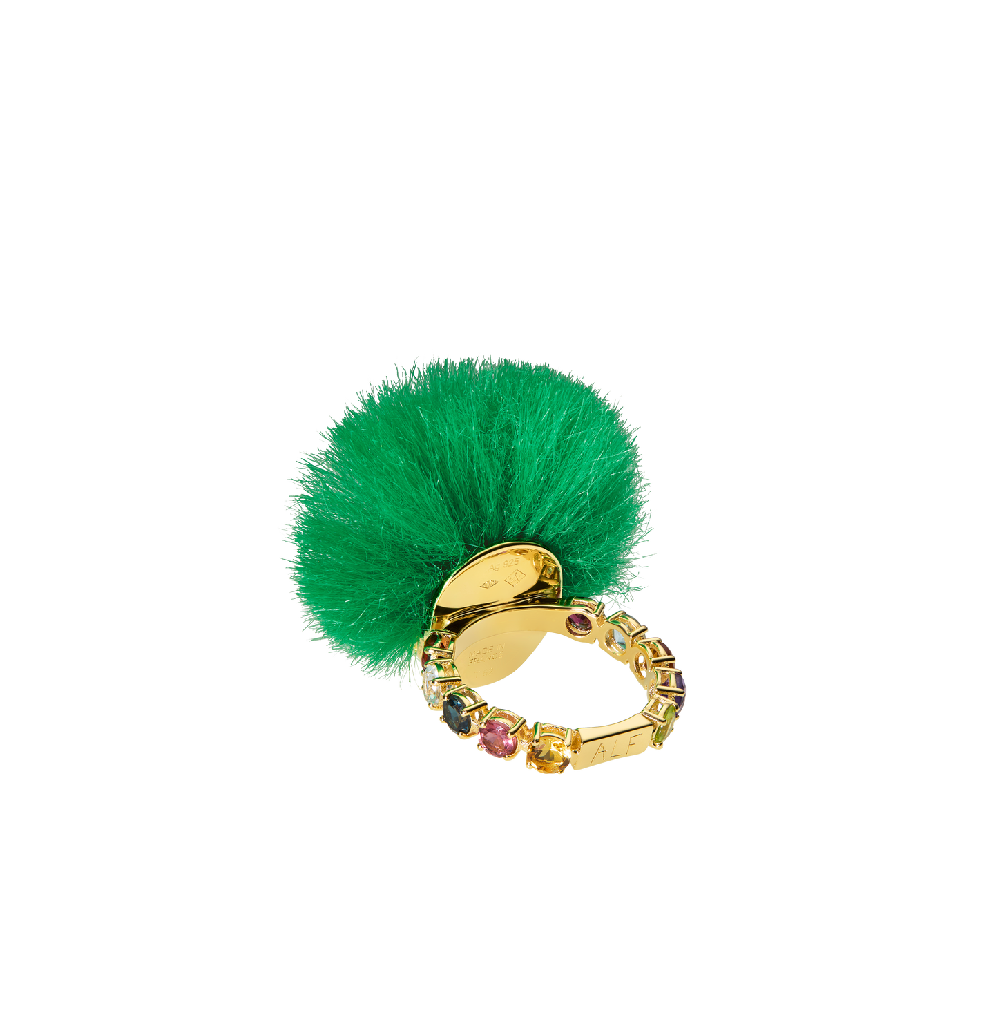 Handcrafted ALF Jewelry Baby Ring in 18ct gold vermeil with green tsavorite eyes and recycled green fur, size 62.