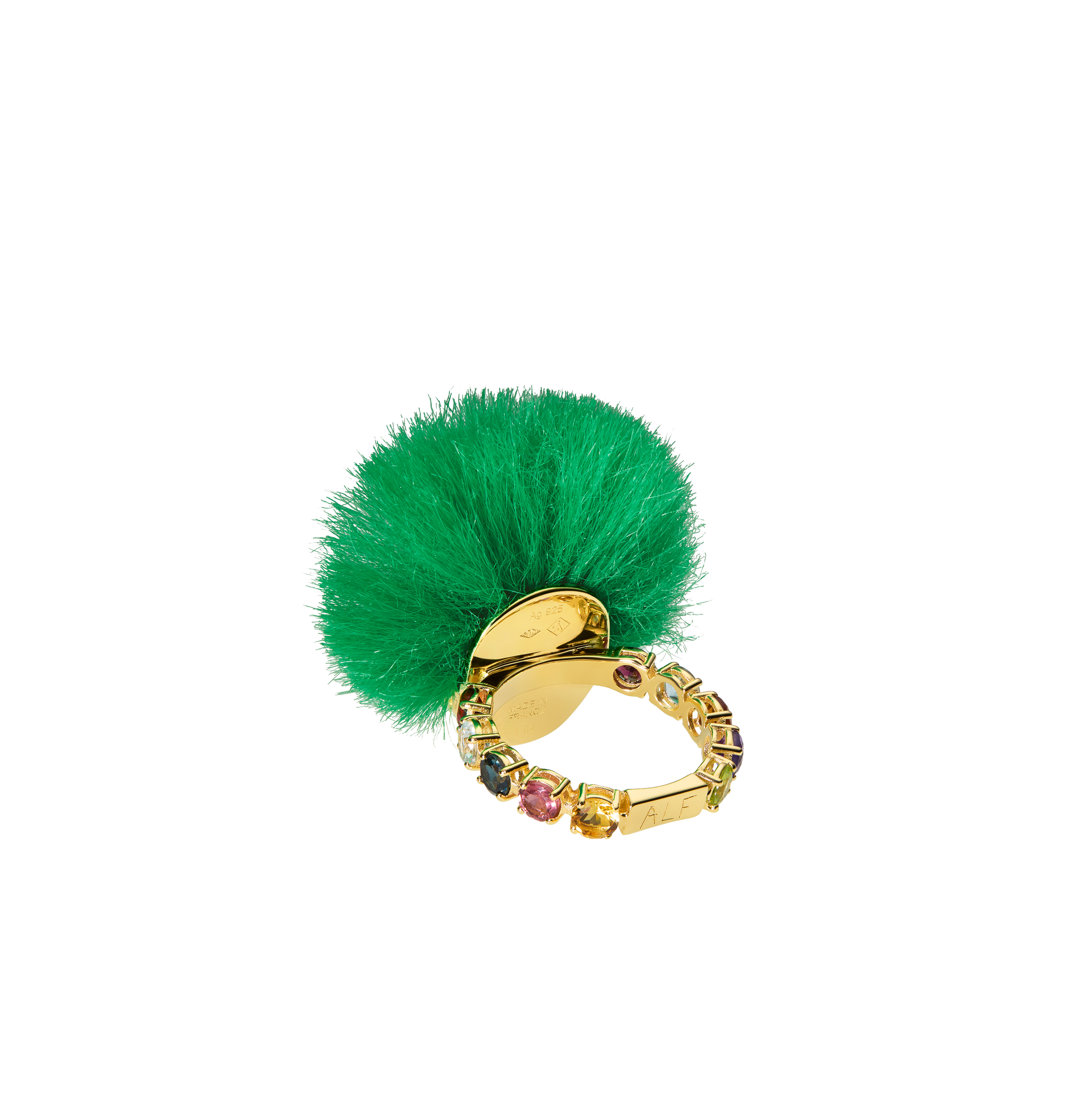 Handcrafted ALF Jewelry Baby Ring in 18ct gold vermeil with green tsavorite eyes and recycled green fur, size 62.