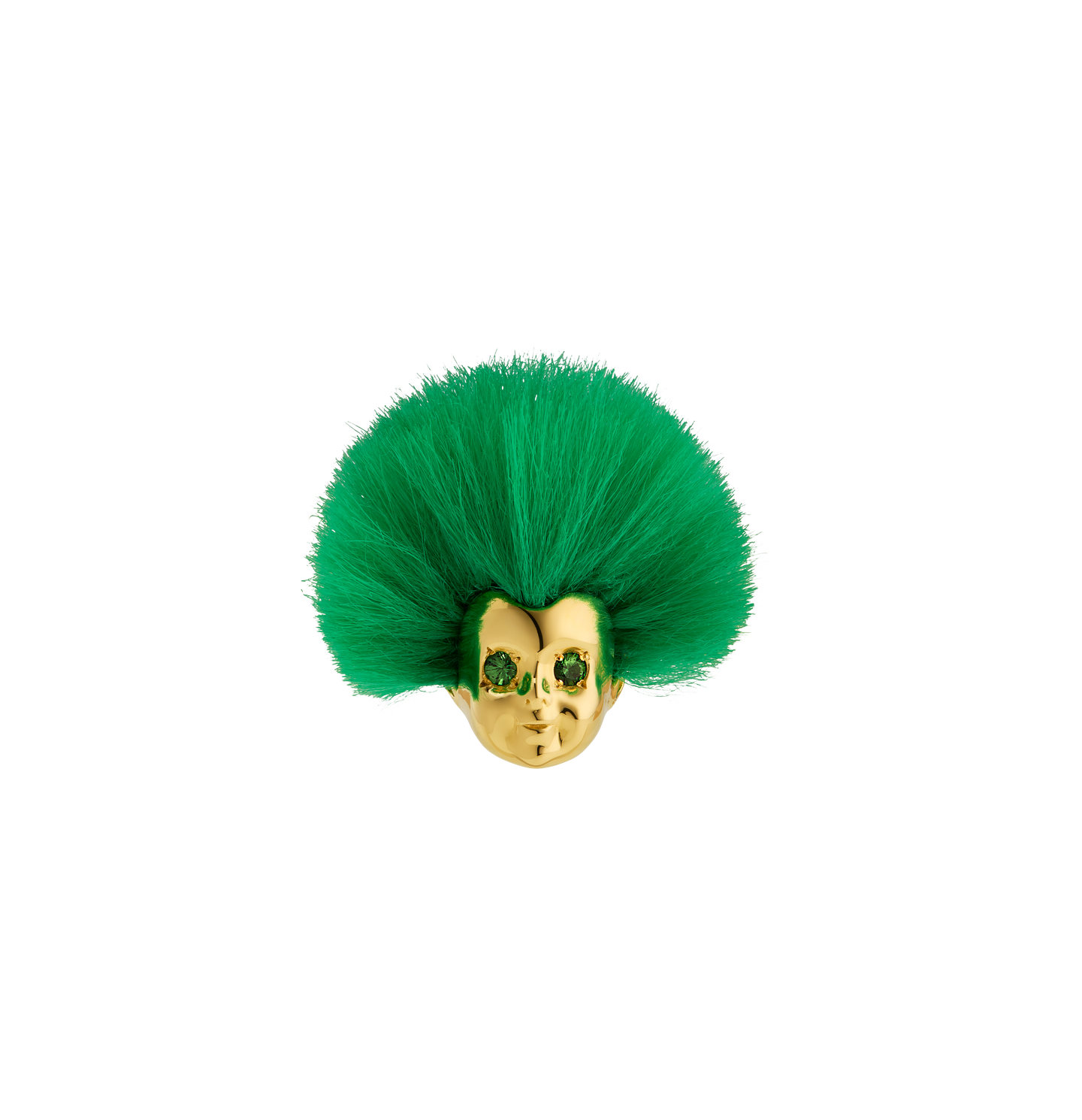 Handcrafted ALF Jewelry Baby Ring in 18ct gold vermeil with green tsavorite eyes and recycled green fur, size 62.