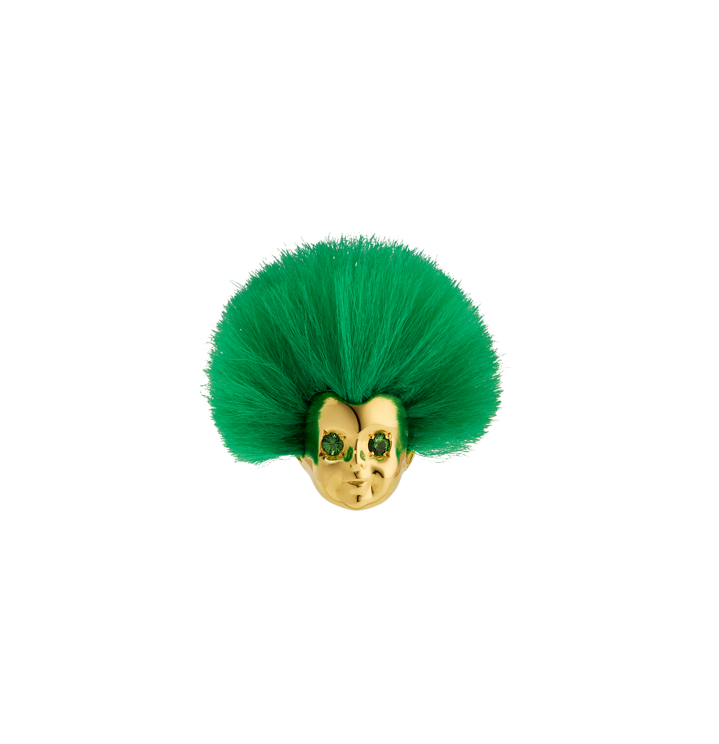 Handcrafted ALF Jewelry Baby Ring in 18ct gold vermeil with green tsavorite eyes and recycled green fur, size 62.
