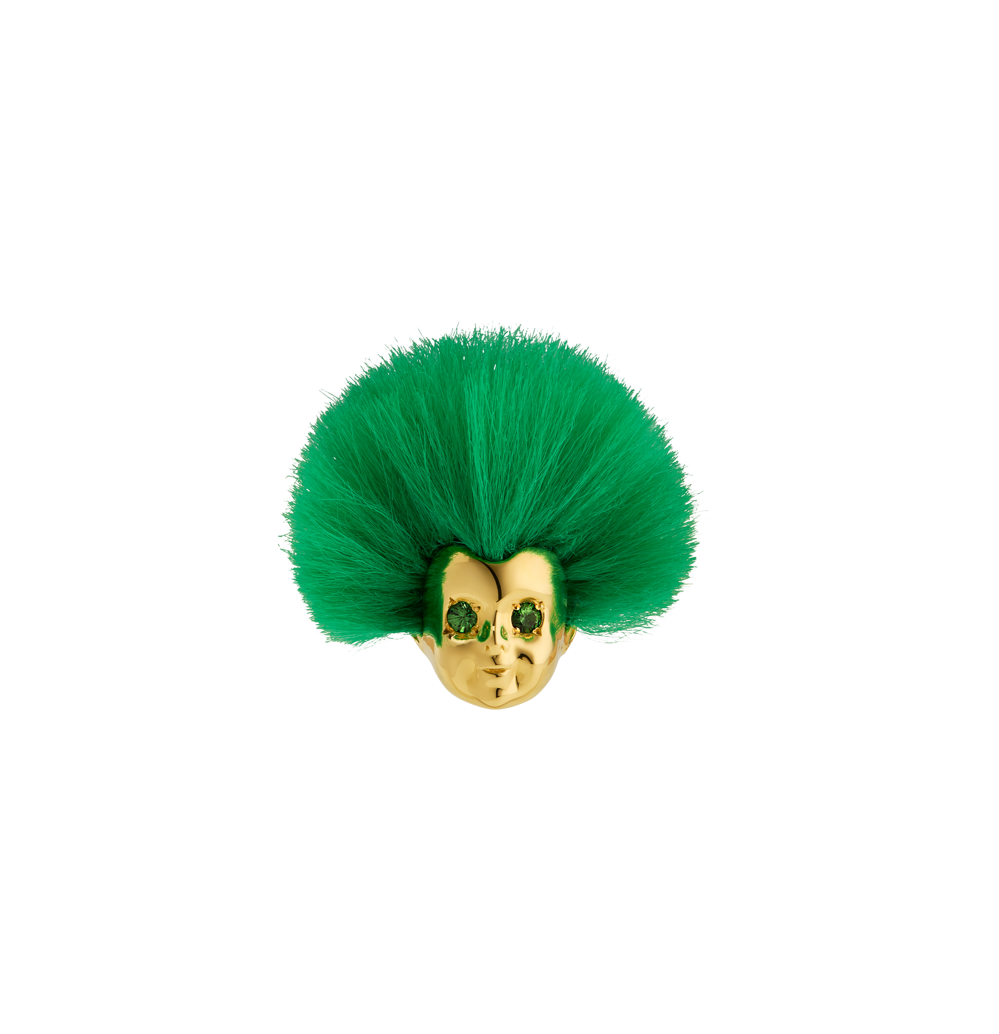 Handcrafted ALF Jewelry Baby Ring in 18ct gold vermeil with green tsavorite eyes and recycled green fur, size 62.