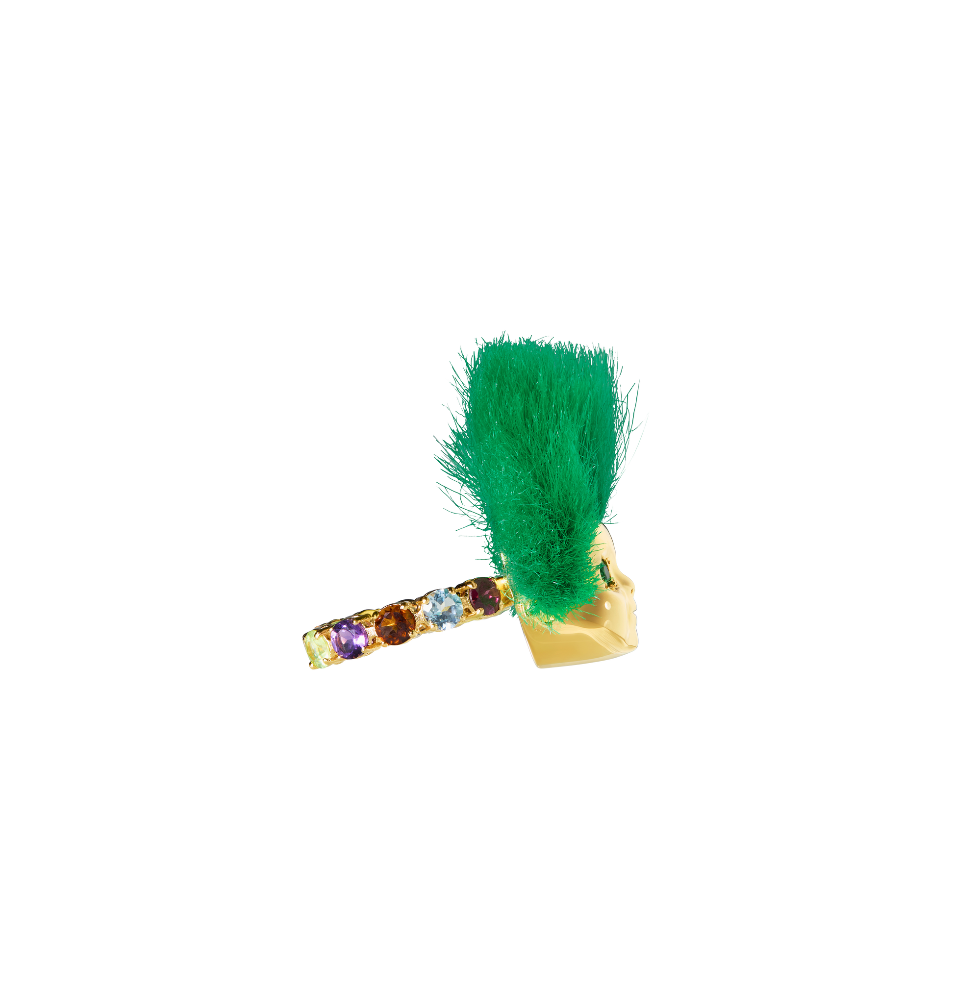 Handcrafted ALF Jewelry Baby Ring in 18ct gold vermeil with green tsavorite eyes and recycled green fur, size 62.