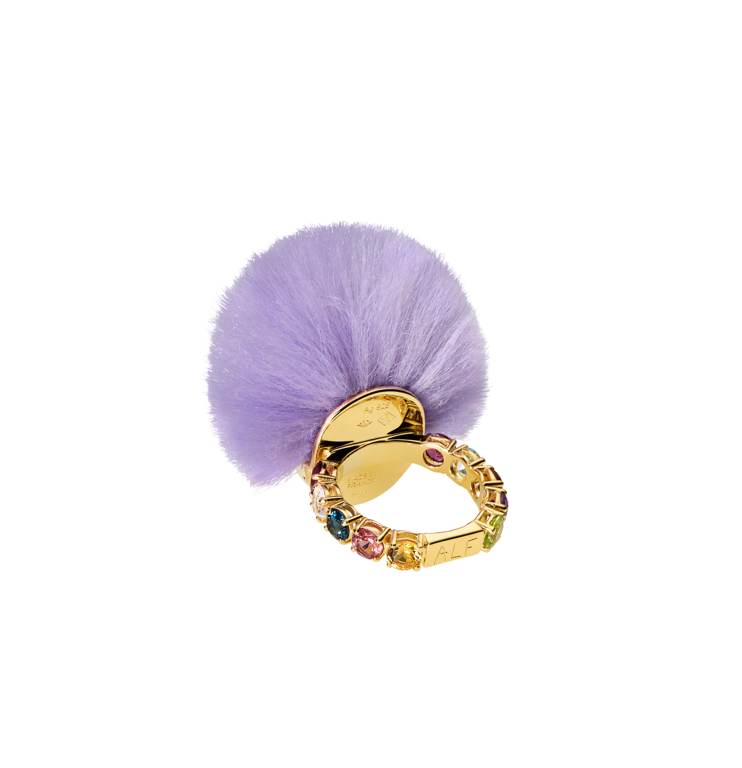 ALF Jewelry Baby Ring in 18ct gold vermeil with green tsavorite eyes, purple recycled fur, size 56.