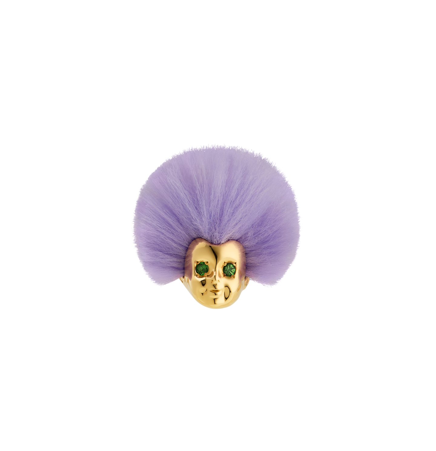 ALF Jewelry Baby Ring in 18ct gold vermeil with green tsavorite eyes, purple recycled fur, size 56.