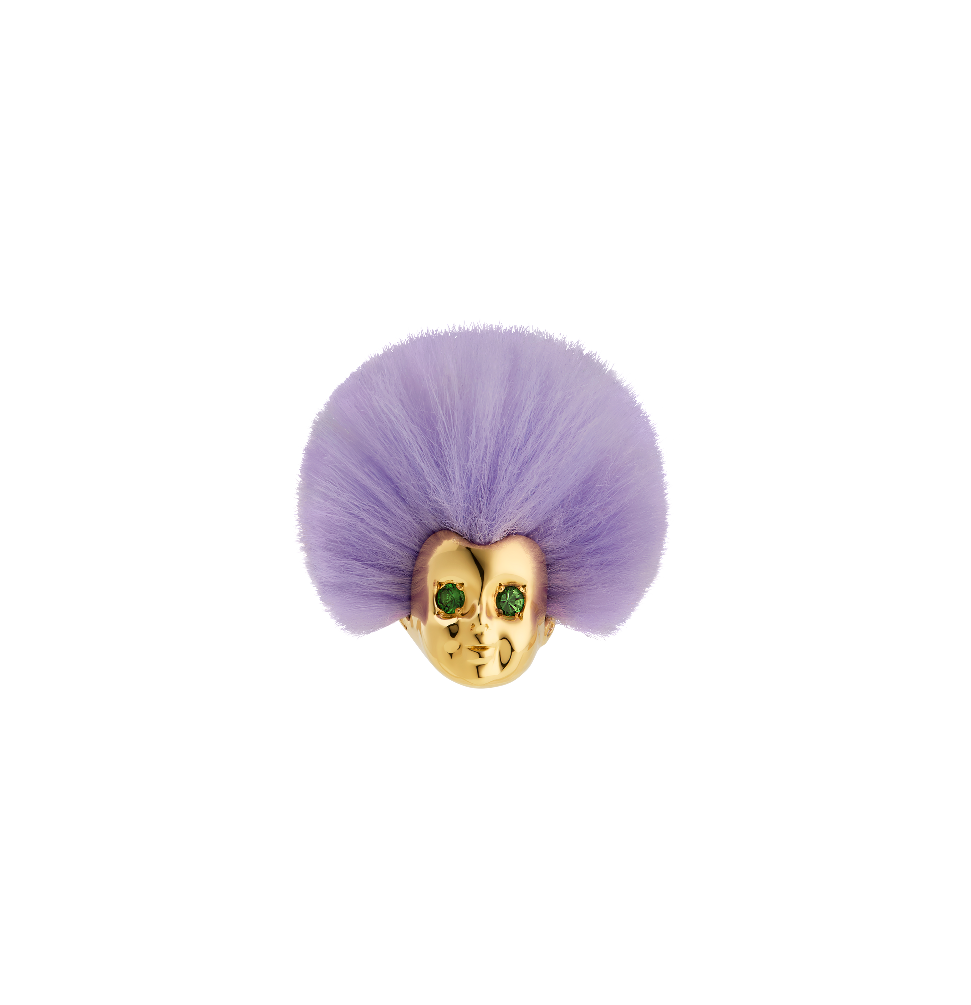 ALF Jewelry Baby Ring in 18ct gold vermeil with green tsavorite eyes, purple recycled fur, size 56.