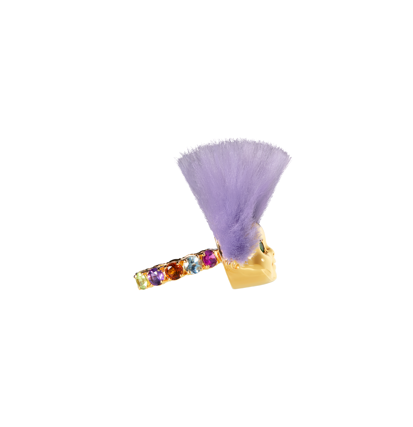 ALF Jewelry Baby Ring in 18ct gold vermeil with green tsavorite eyes, purple recycled fur, size 56.