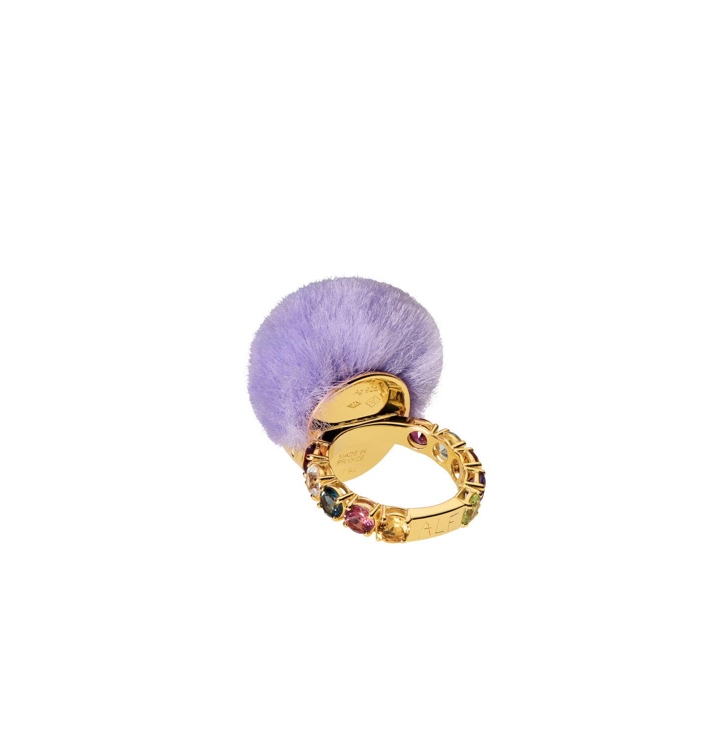 Luxury Baby Ring by ALF Jewelry in gold vermeil and sterling silver, purple recycled fur, tsavorite eyes, size 54.