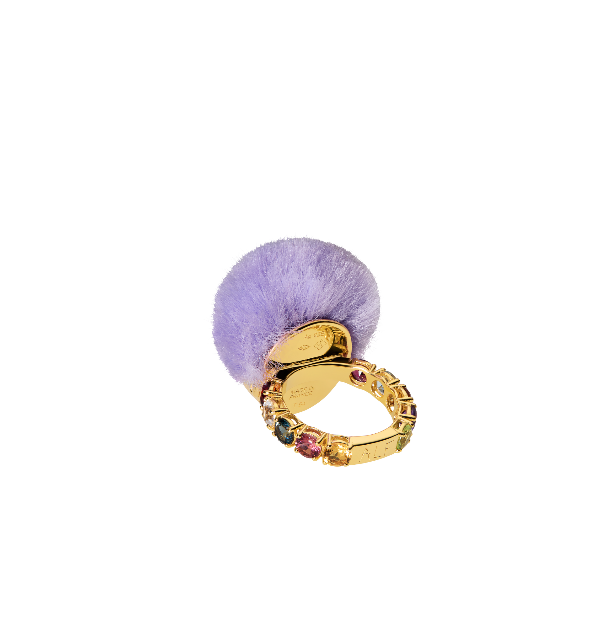 Luxury Baby Ring by ALF Jewelry in gold vermeil and sterling silver, purple recycled fur, tsavorite eyes, size 54.