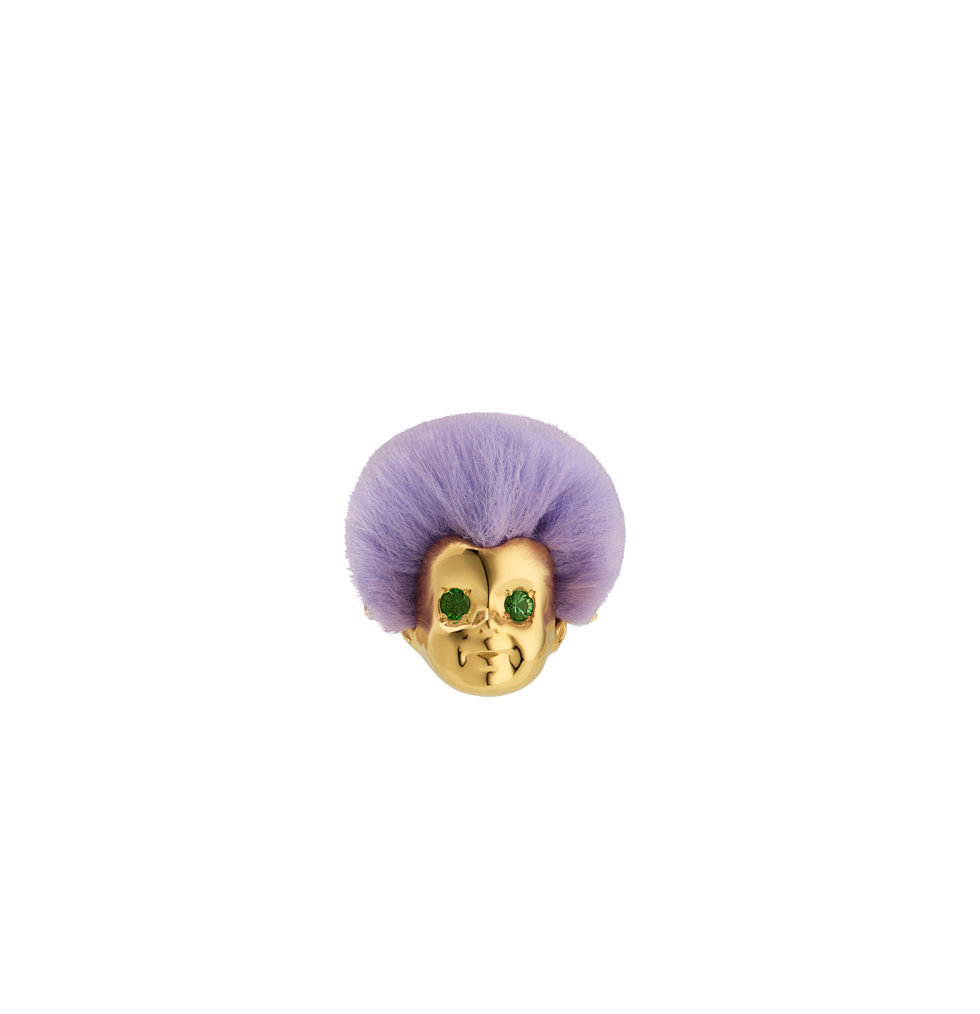 Luxury Baby Ring by ALF Jewelry in gold vermeil and sterling silver, purple recycled fur, tsavorite eyes, size 54.