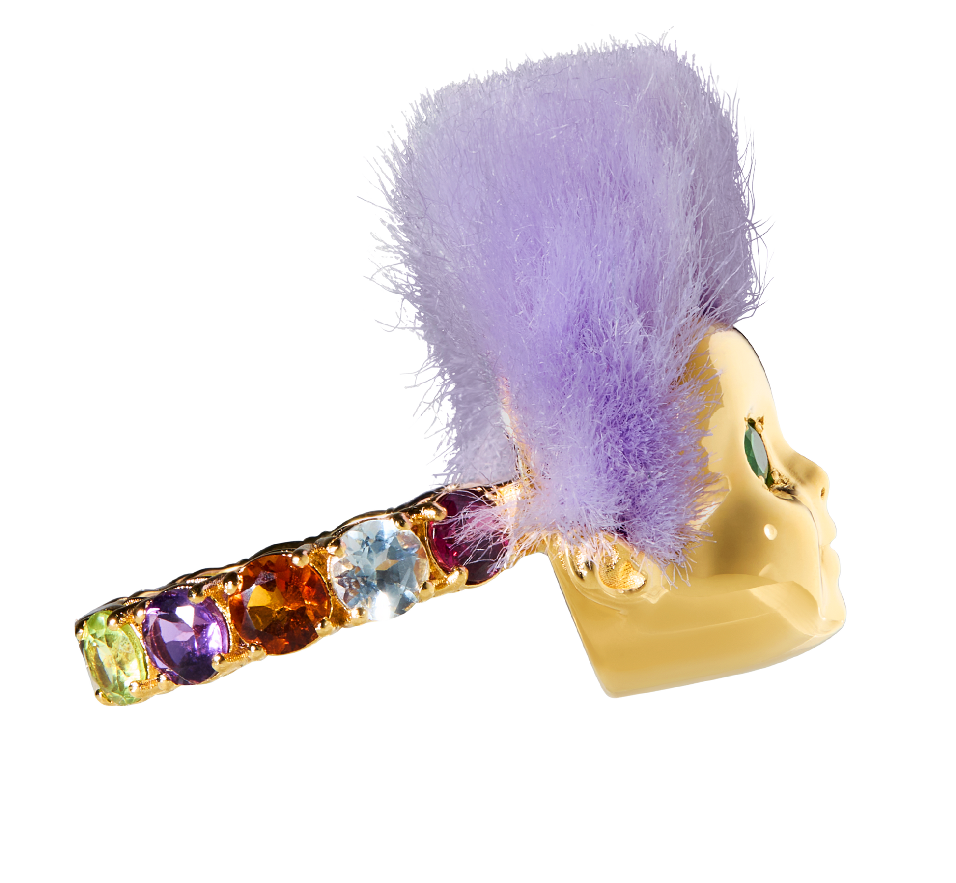 Luxury Baby Ring by ALF Jewelry in gold vermeil and sterling silver, purple recycled fur, tsavorite eyes, size 54.