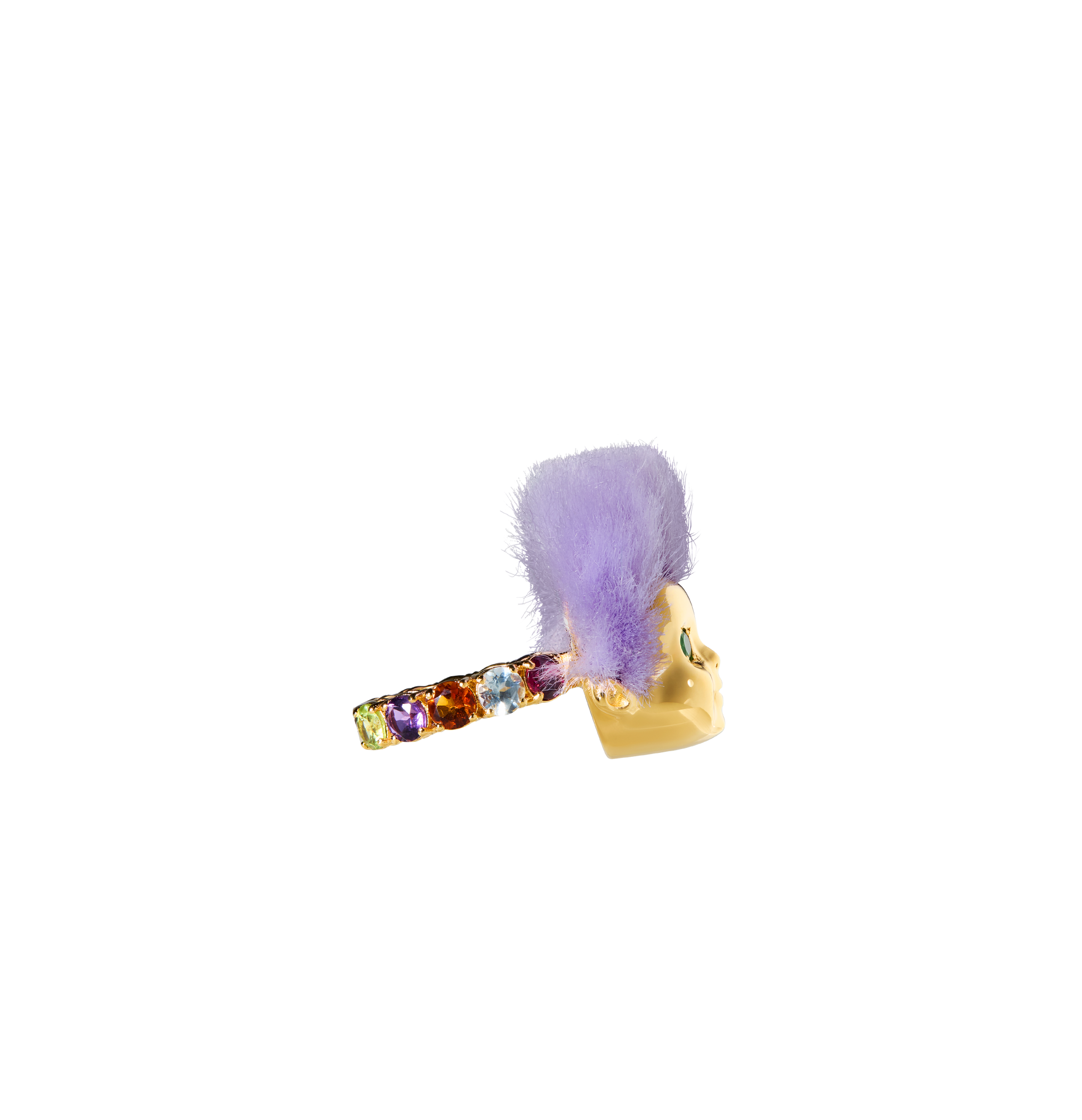 Luxury Baby Ring by ALF Jewelry in gold vermeil and sterling silver, purple recycled fur, tsavorite eyes, size 54.