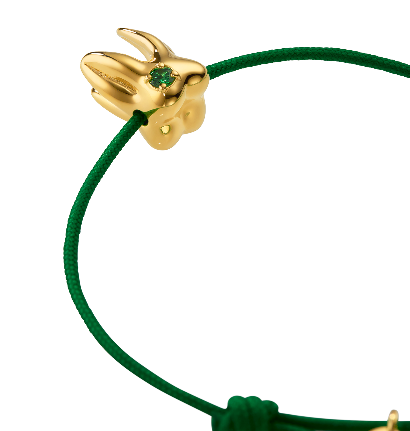 Handcrafted ALF Jewelry Molar Cord Bracelet in gold vermeil with green tsavorite and adjustable cotton cord.