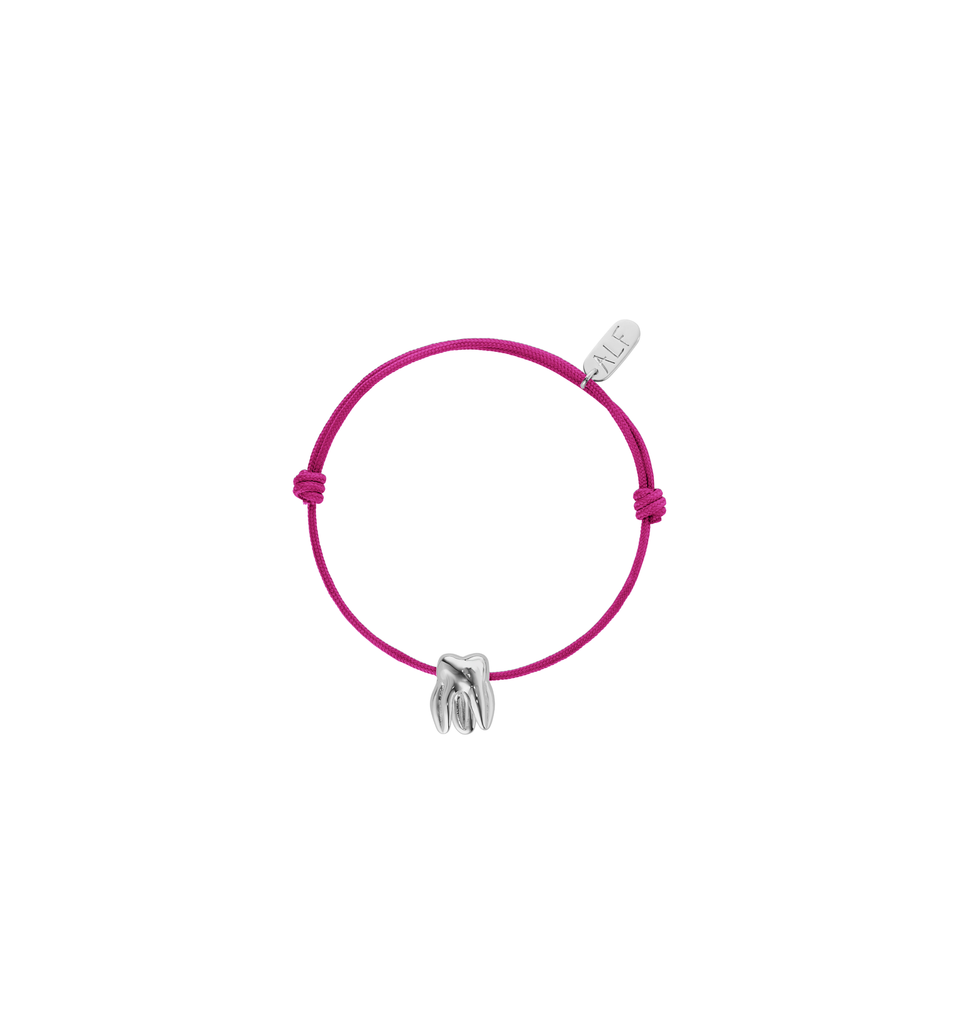 Handcrafted ALF Jewelry Molar Cord Bracelet in 925 sterling silver and adjustable fuchsia nylon cord.
