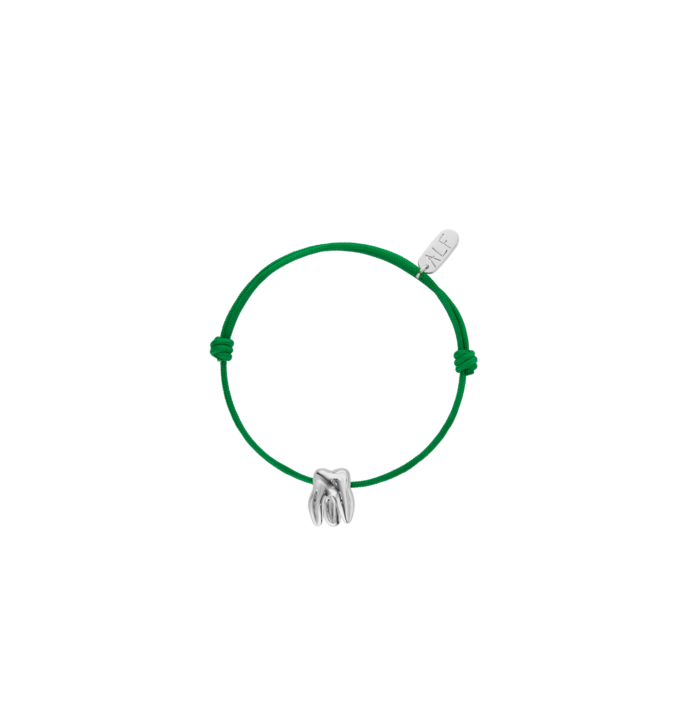 Handcrafted ALF Jewelry Molar Cord Bracelet in 925 sterling silver and adjustable green nylon cord.